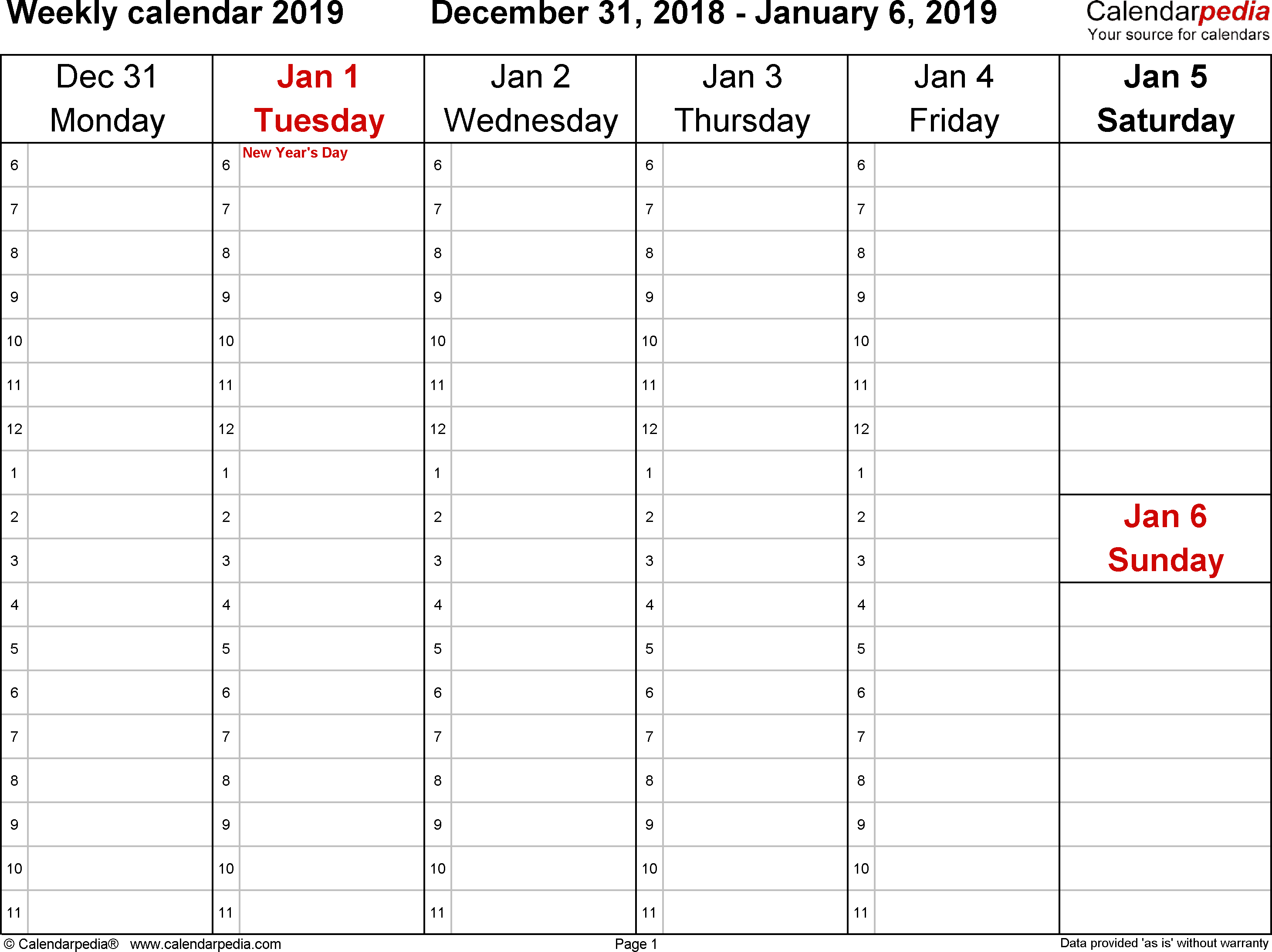 Weekly Calendar 2019 For Excel - 12 Free Printable Templates