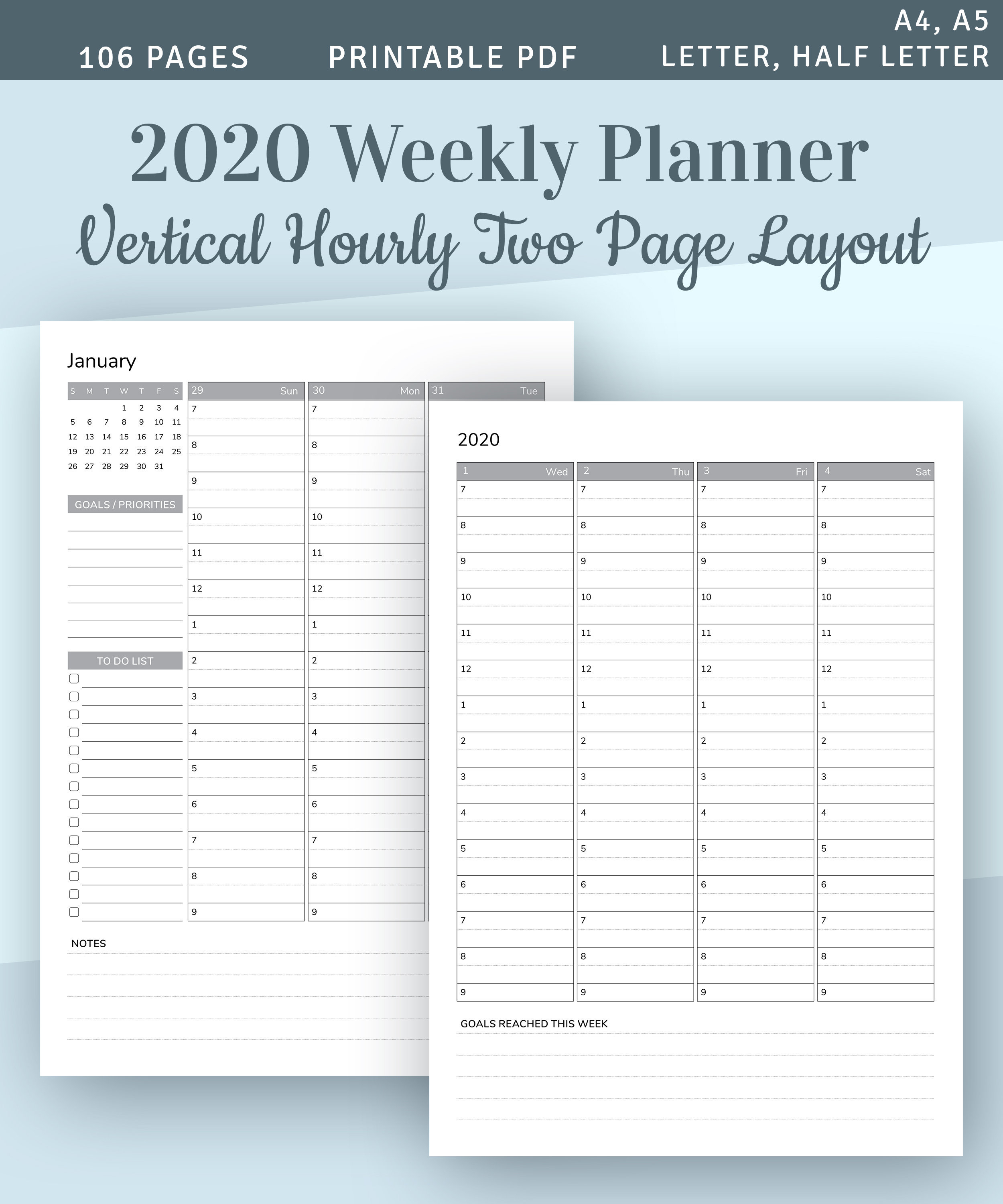 Weekly Planner 2020 With Calendar, Hourly Planner Printable Template,  Hourly Agenda Printable, Schedule Planner, A4 A5 Planner Insert, Pdf