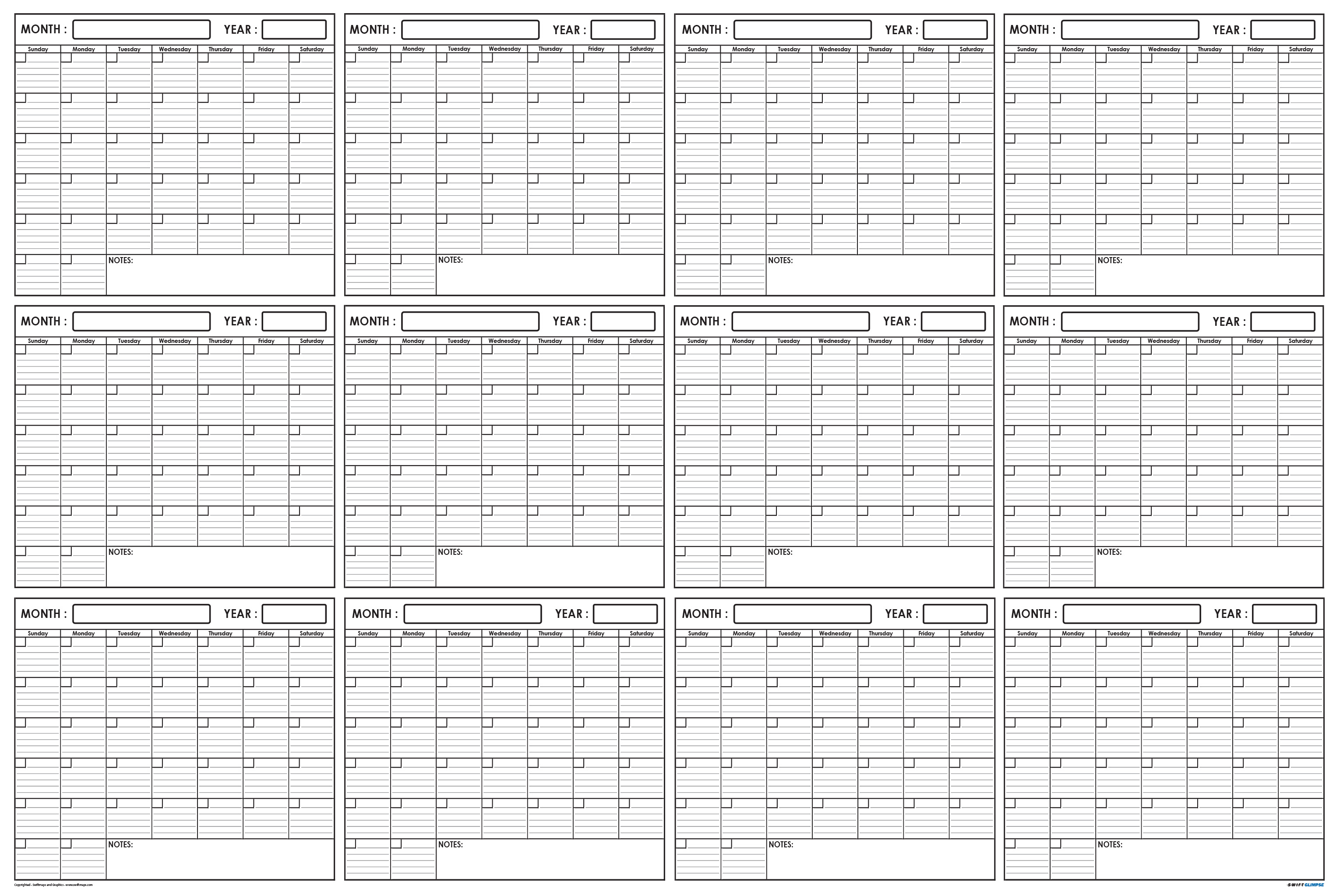 Xlarge Yearly Wet &amp; Dry Erase Blank Reusable Undated Wall Calendar Planner  For Office Academic Home 12-Month Project Calendar