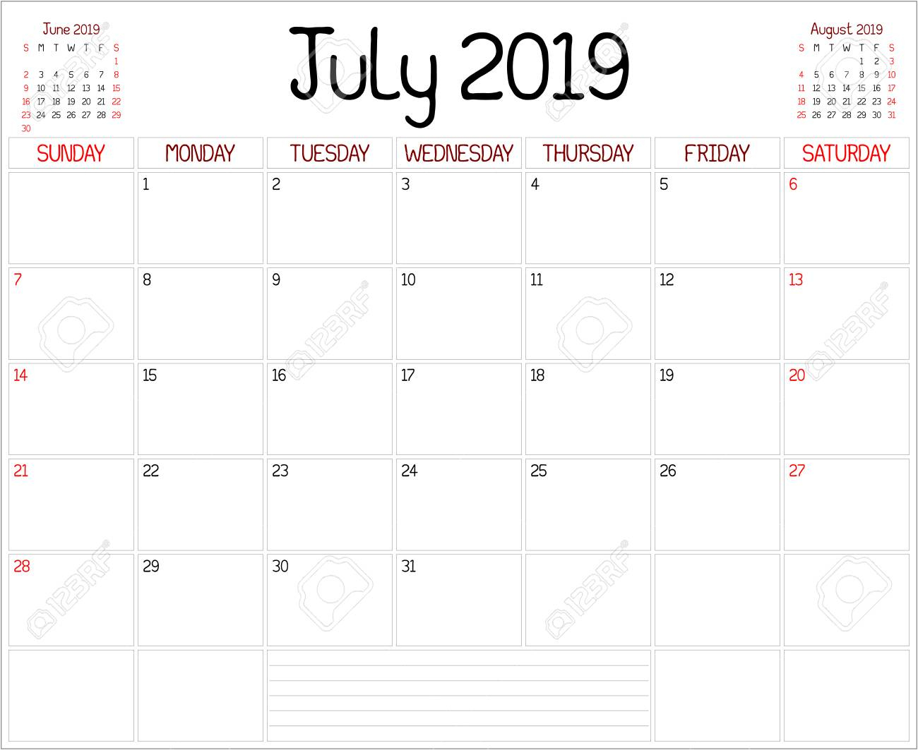 Year 2019 July Planner - A Monthly Planner Calendar For July..