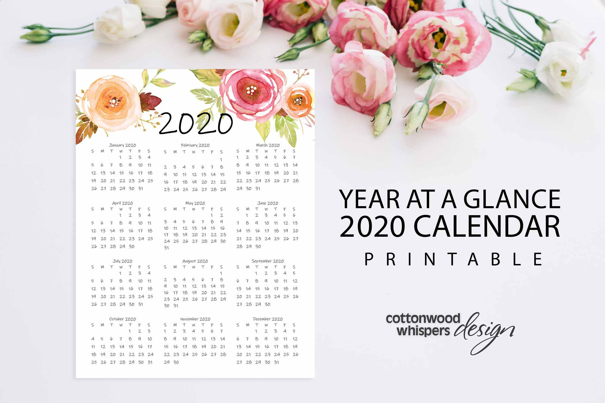 Year At A Glance Calendar 2020 | Printable Calendar | Letter Size 8.5&quot; X  11&quot; | Instant Download | Portrait | Planner