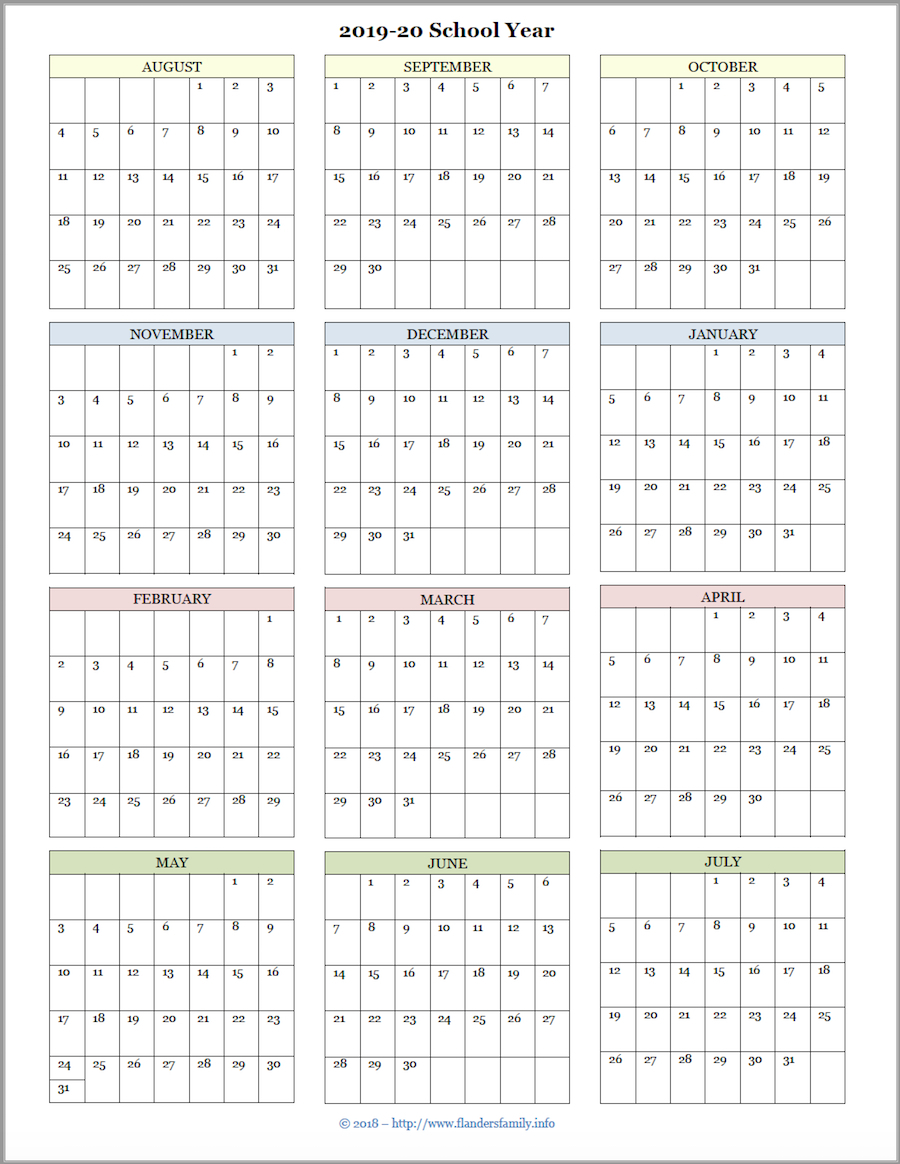 2020 Year At A Glance Calendar Template