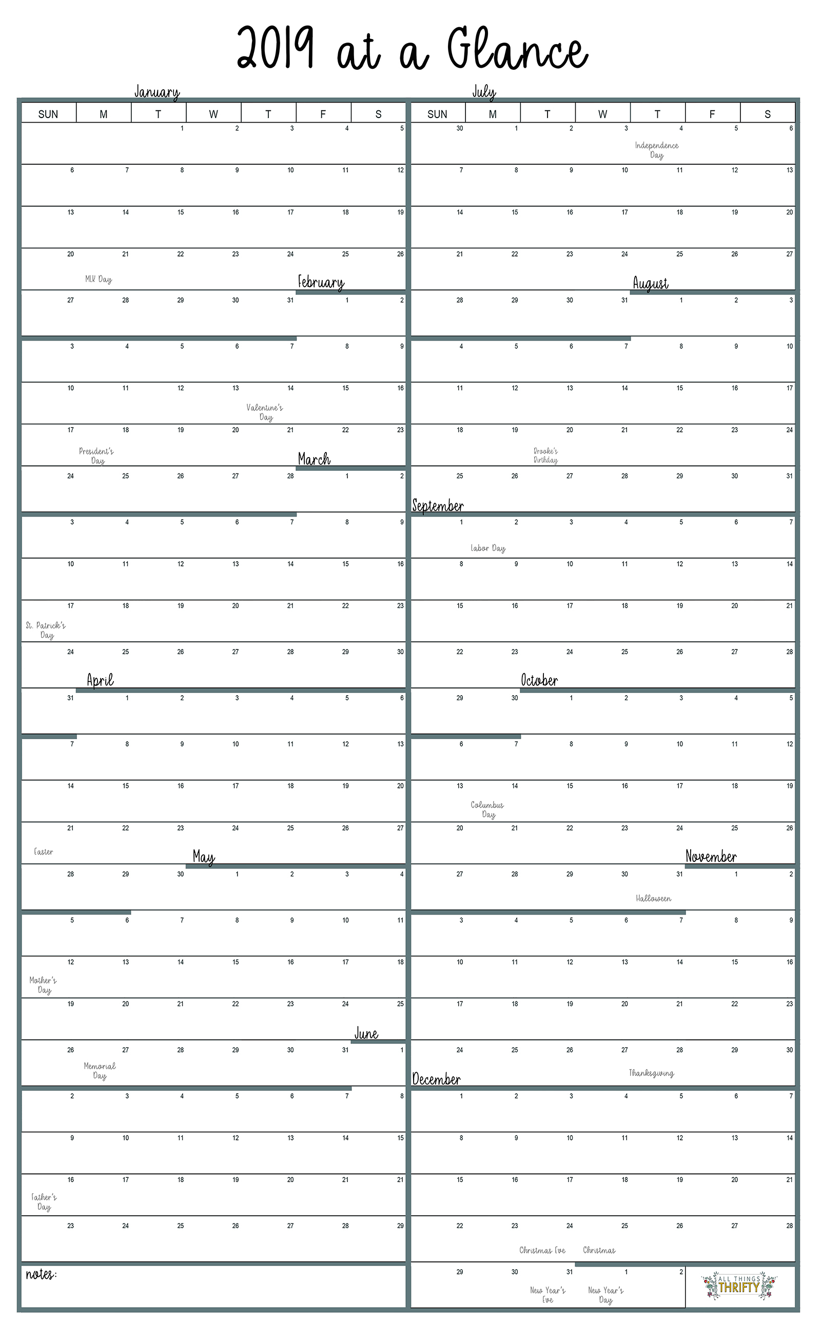 Year At A Glance Free Printable Calendar | All Things Thrifty