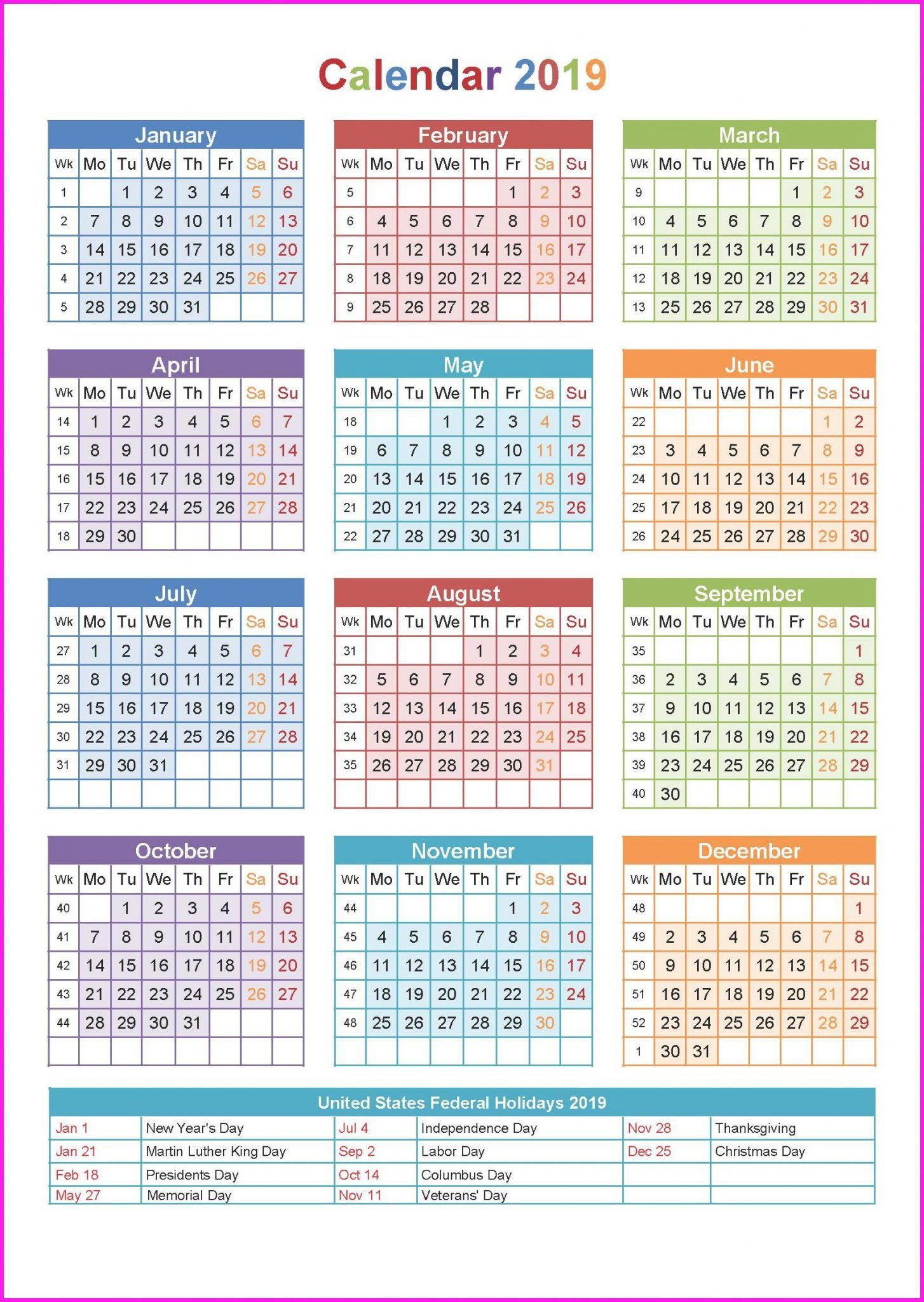 Yearly 2019 Calendar Printable | Top 10 Free 2019 Calendar