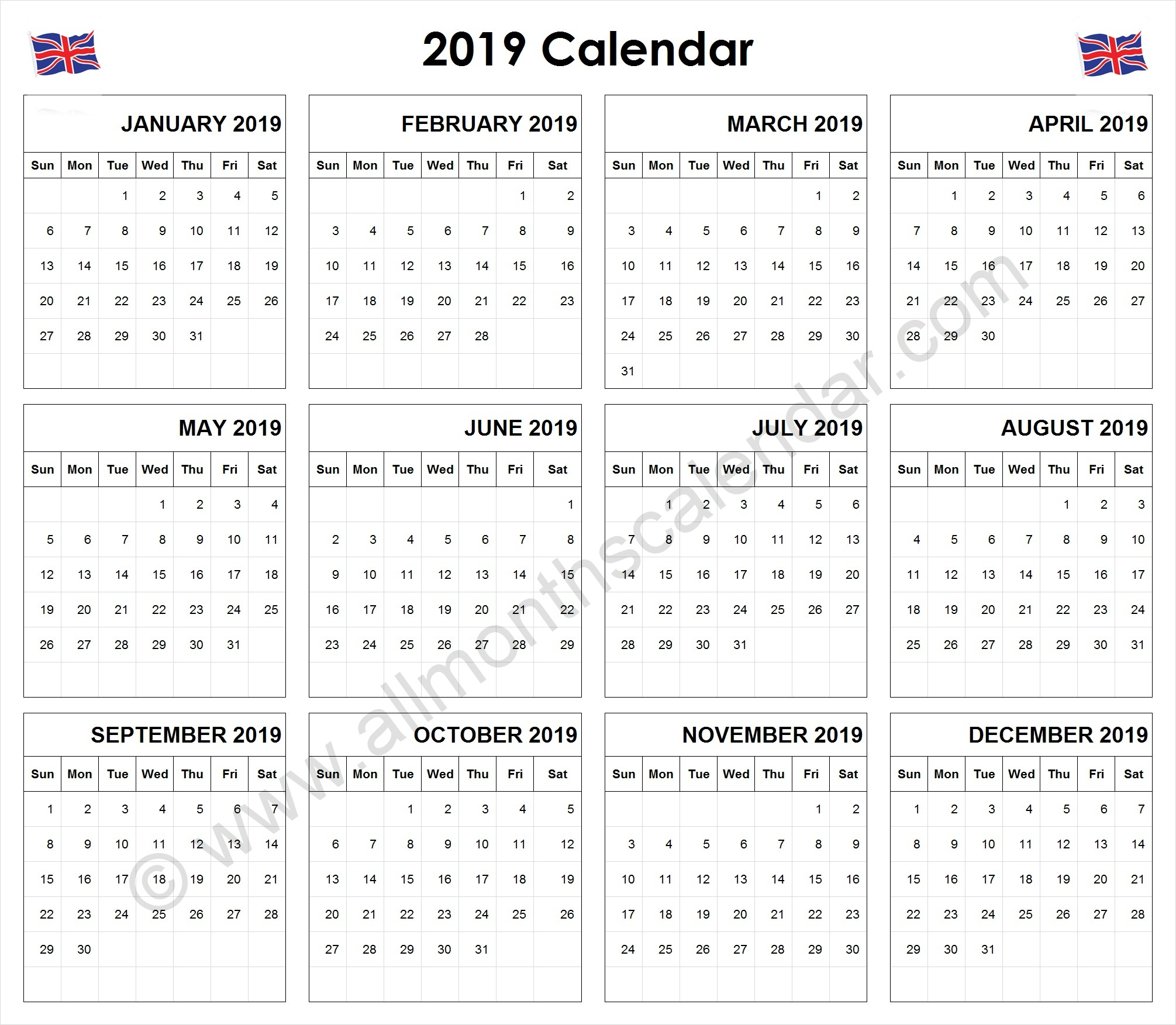 Yearly 2019 Calendar Uk | 12 Month 2019 Calendar Printable