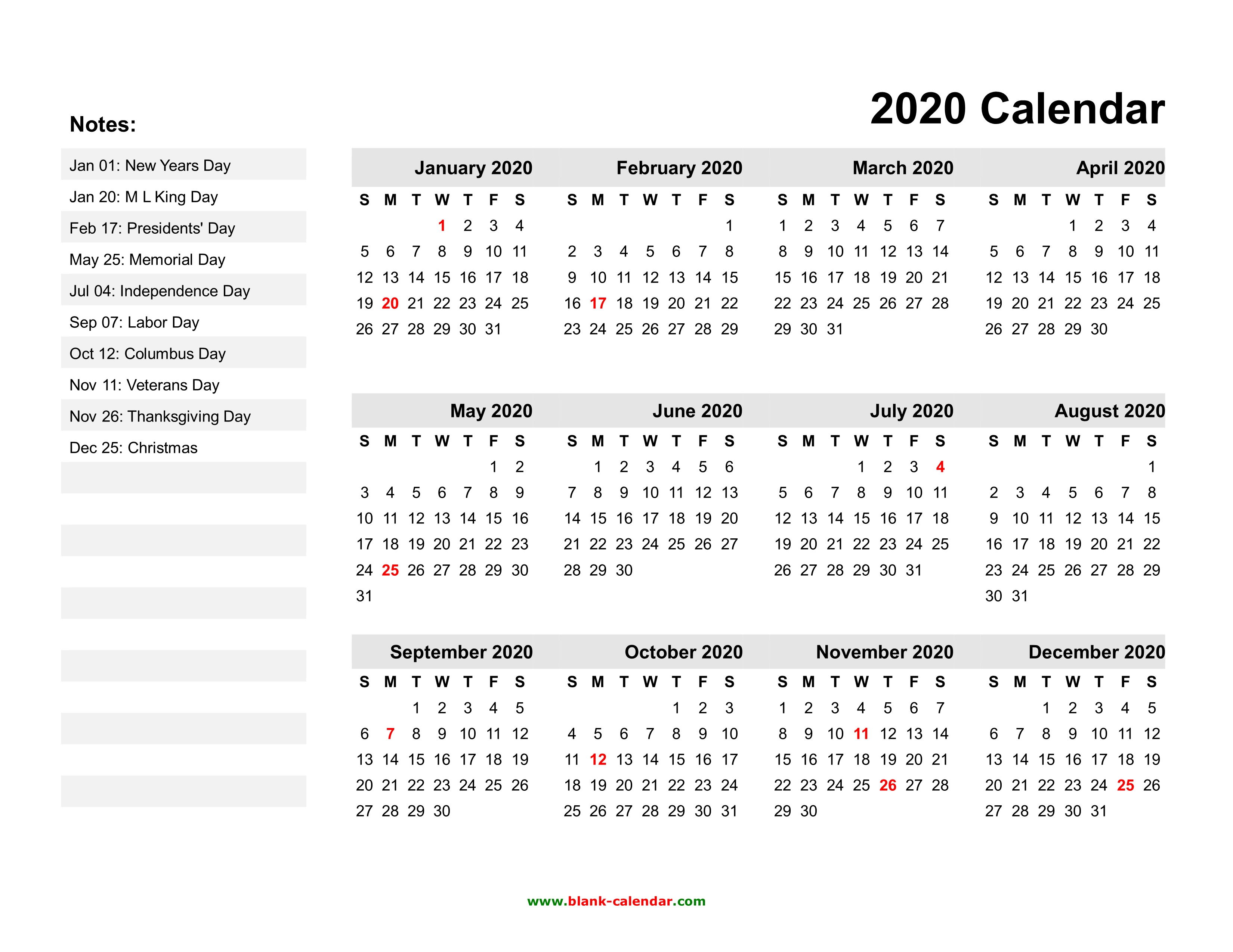 Yearly Calendar 2020 | Free Download And Print