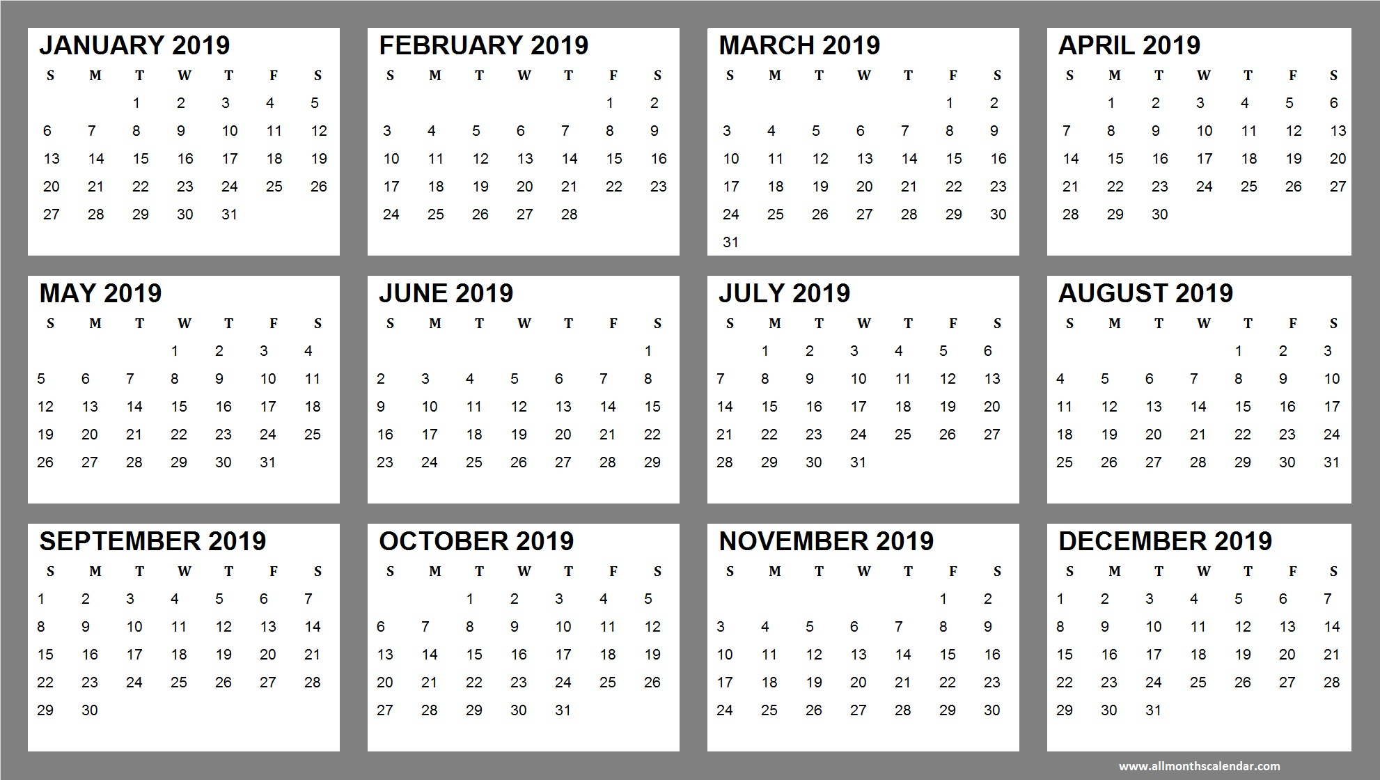 Yearly Calendar January 2019 To December 2019 Template | 12