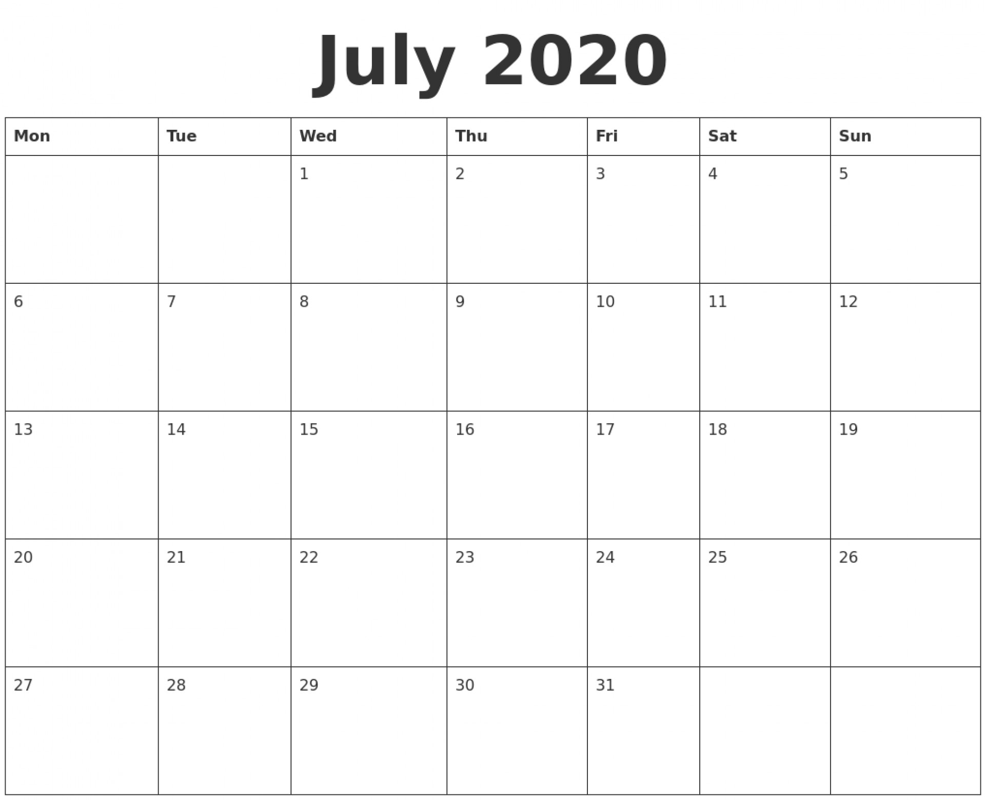 002 July Blank Calendar Template Monday Start Ideas Fill