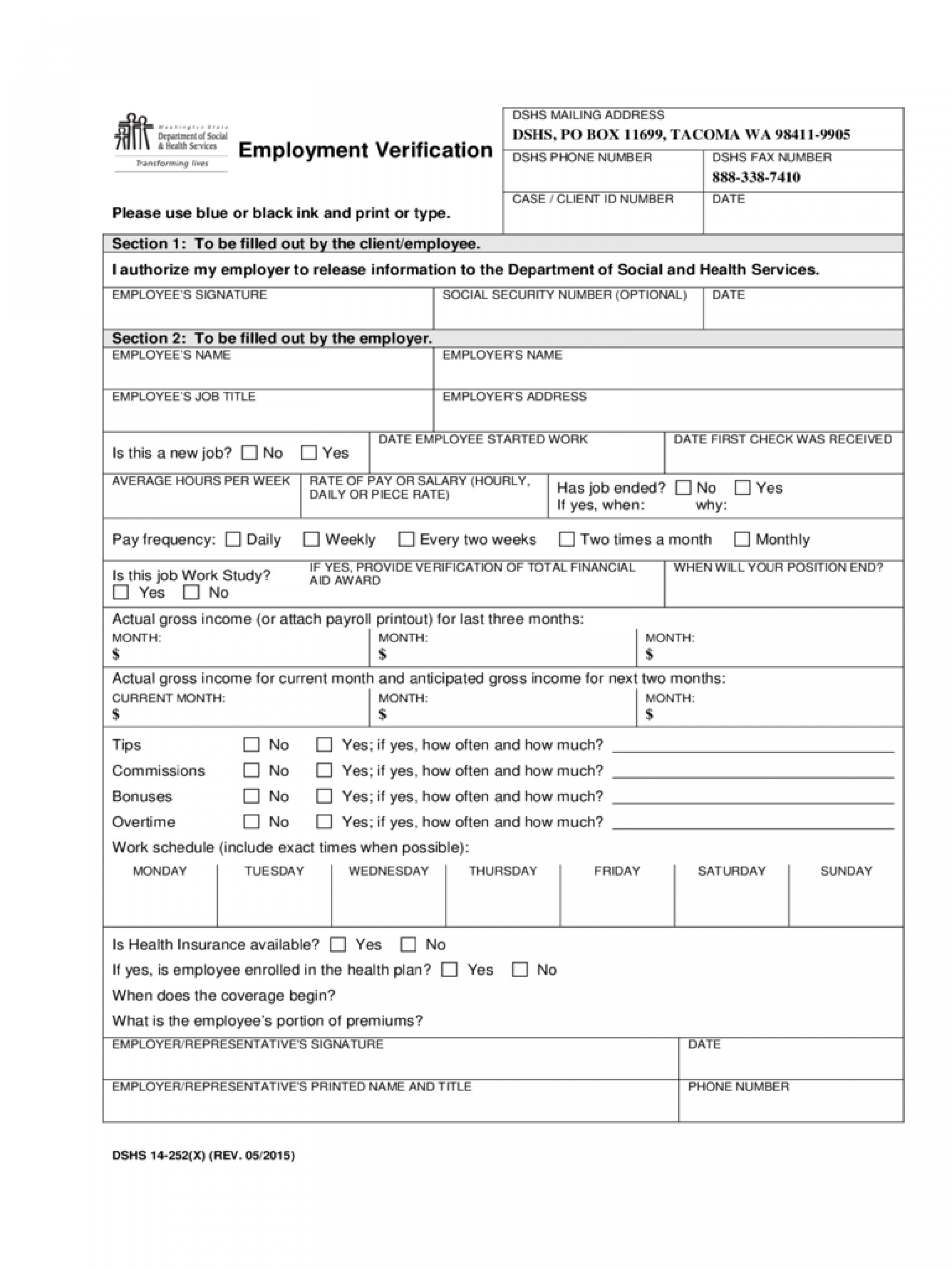 Printable Work Verification Form