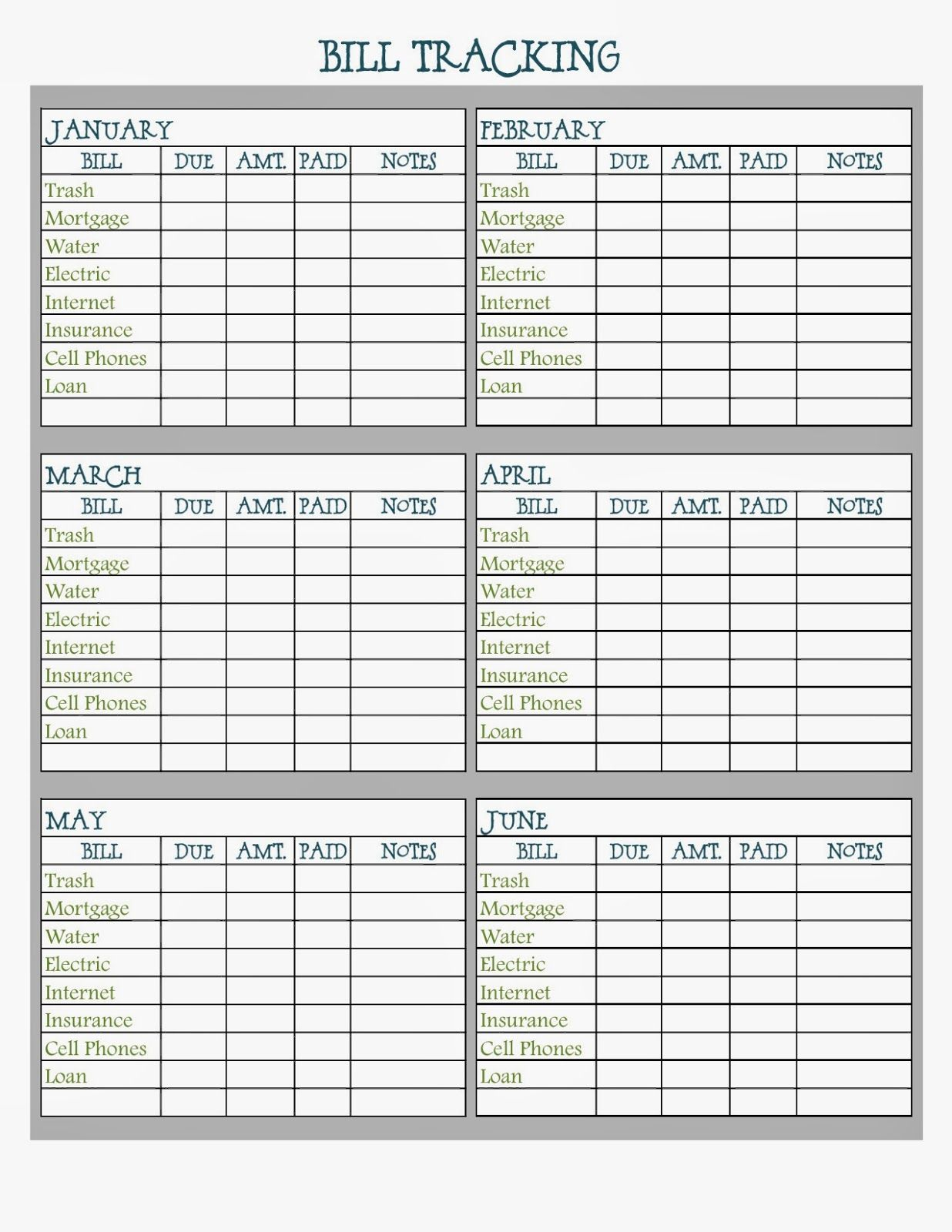 Downloadable Monthly Bill Chart Example Calendar Printable