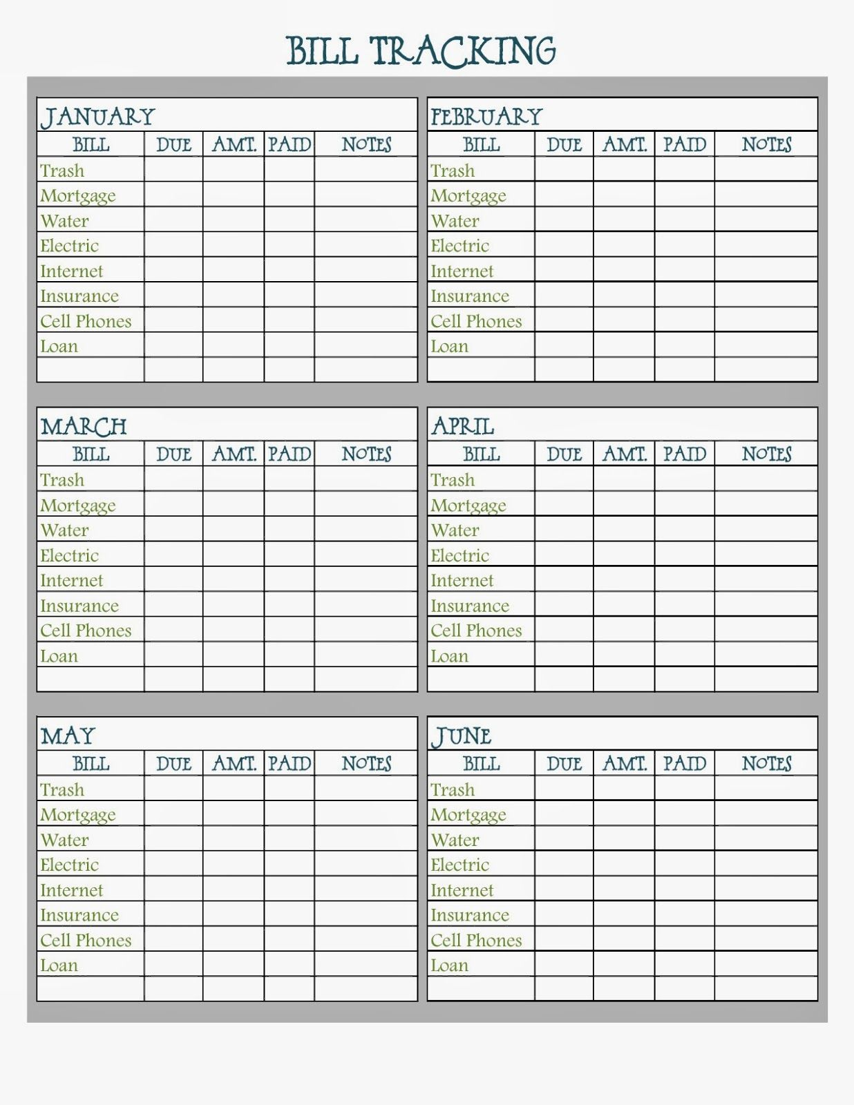 Downloadable Monthly Bill Chart | Example Calendar Printable