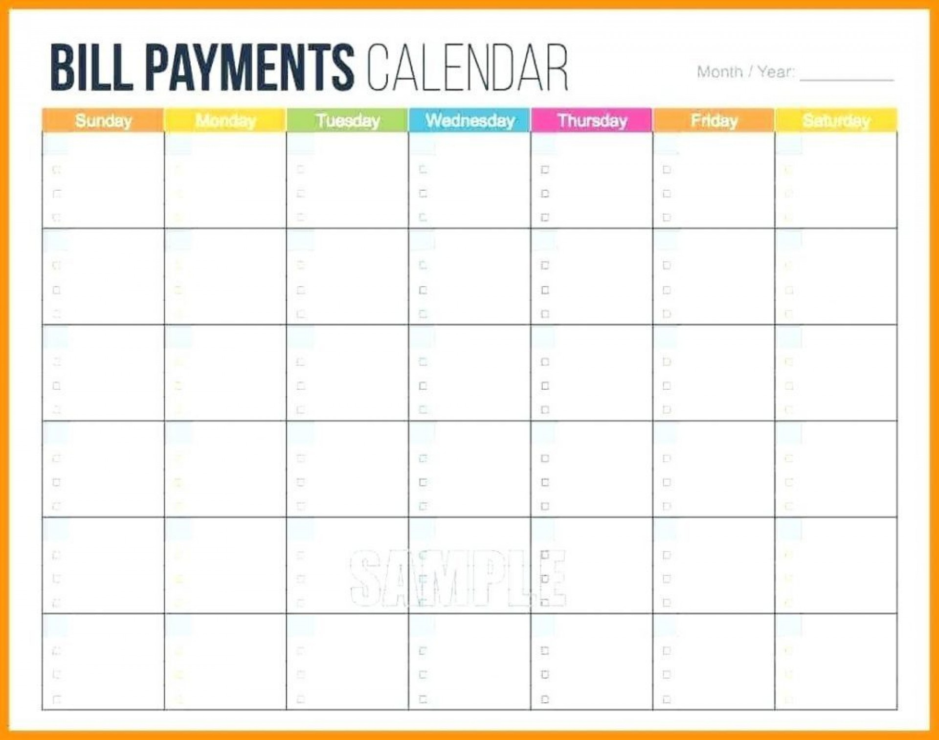 026 Bill Pay Calendar Template Weekly Schedule Sunthrusat