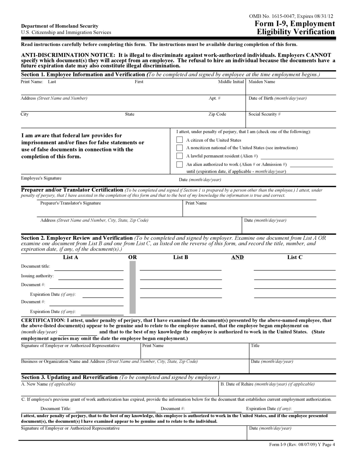 Form I 9 Employment Verification Form