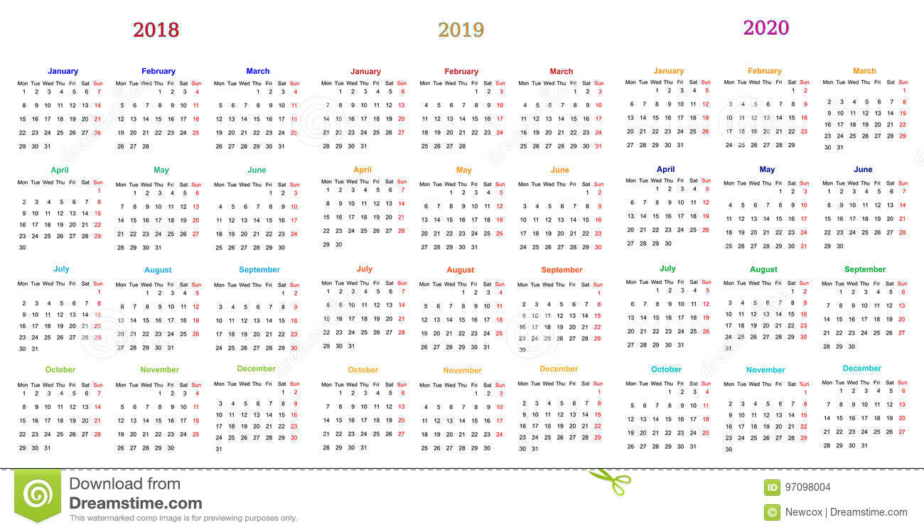 12 Month Calendar Design 2018-2019-2020 Stock Vector