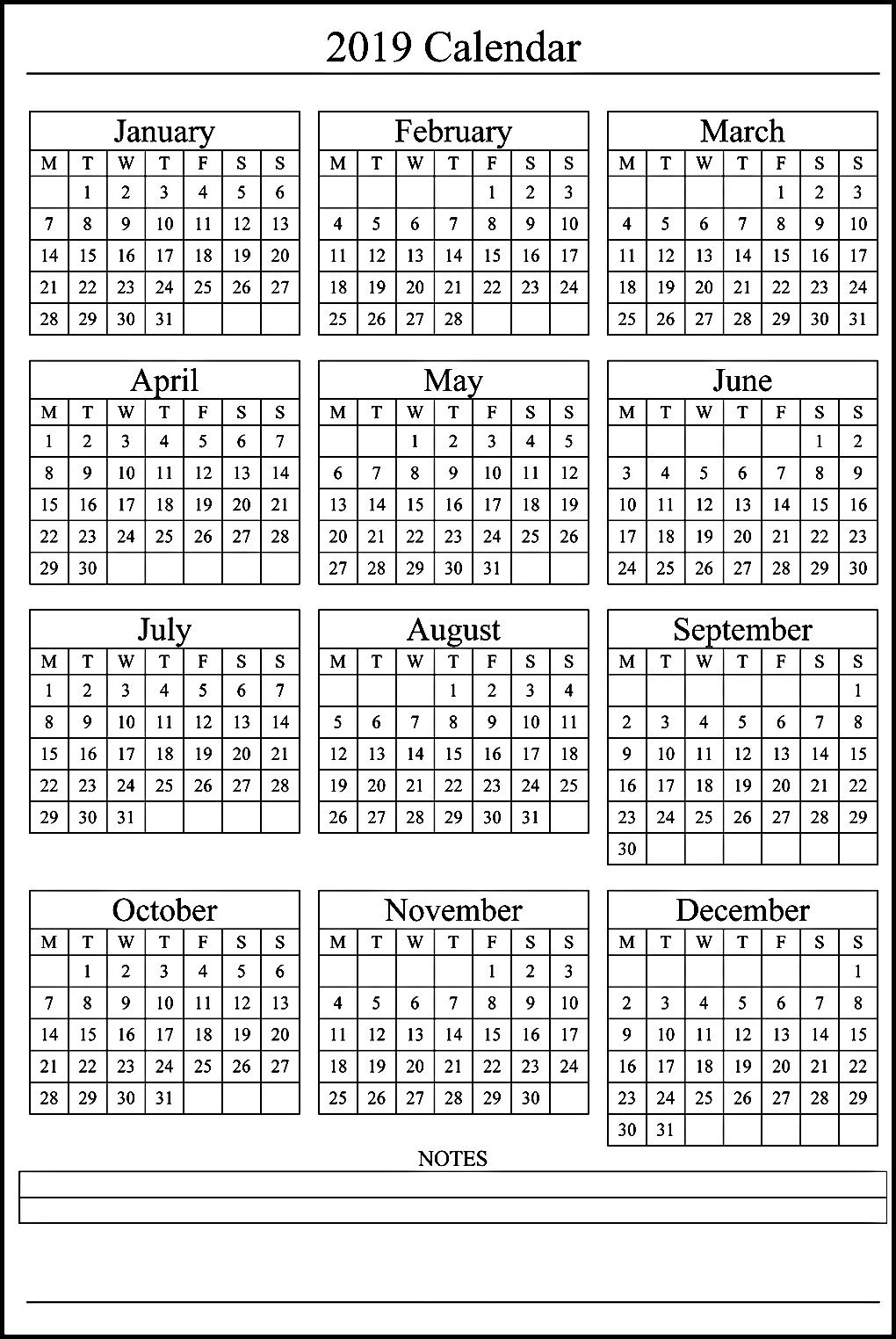 12 Month Calendar On One Page #2019Calendar