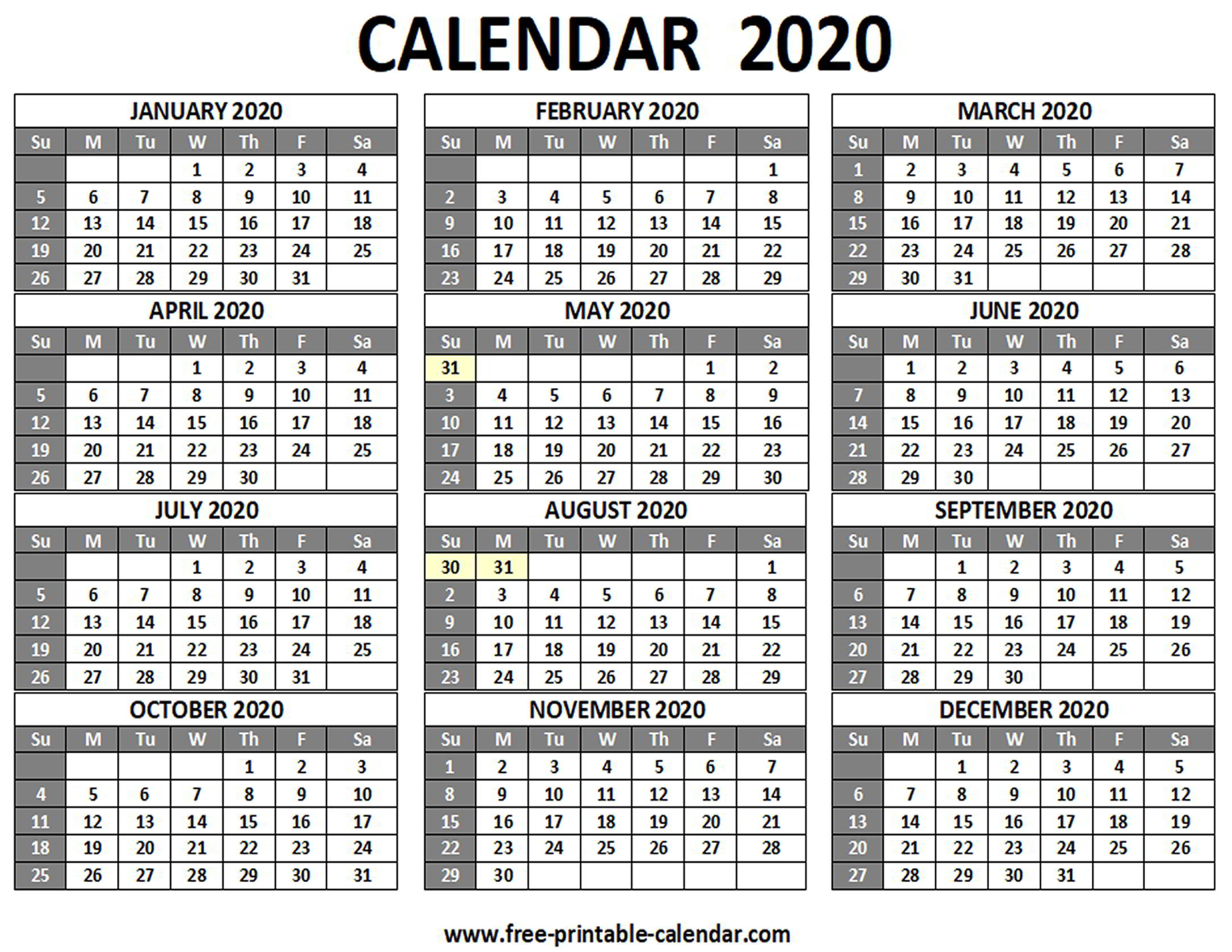 12 Months 2020 Calendar - Tunu.redmini.co