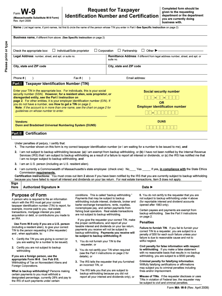 2009-2020 Form Ma Substitute W-9 Fill Online, Printable