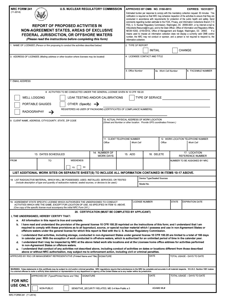 2014 Form Nrc 241 Fill Online, Printable, Fillable, Blank