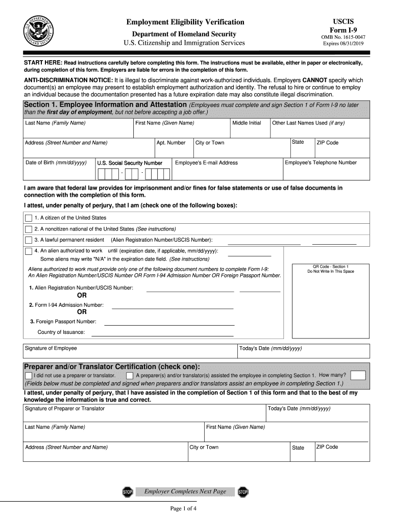 2020 I-9 Employment Form Printable