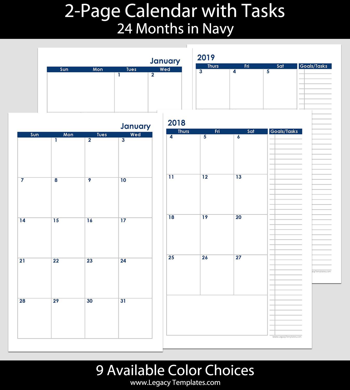 2018 &amp; 2019 24-Months 2-Page Calendar. Printable 2-Page
