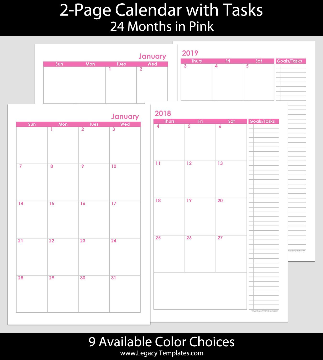 2018 &amp; 2019 24-Months 2-Page Calendar. Printable 2-Page