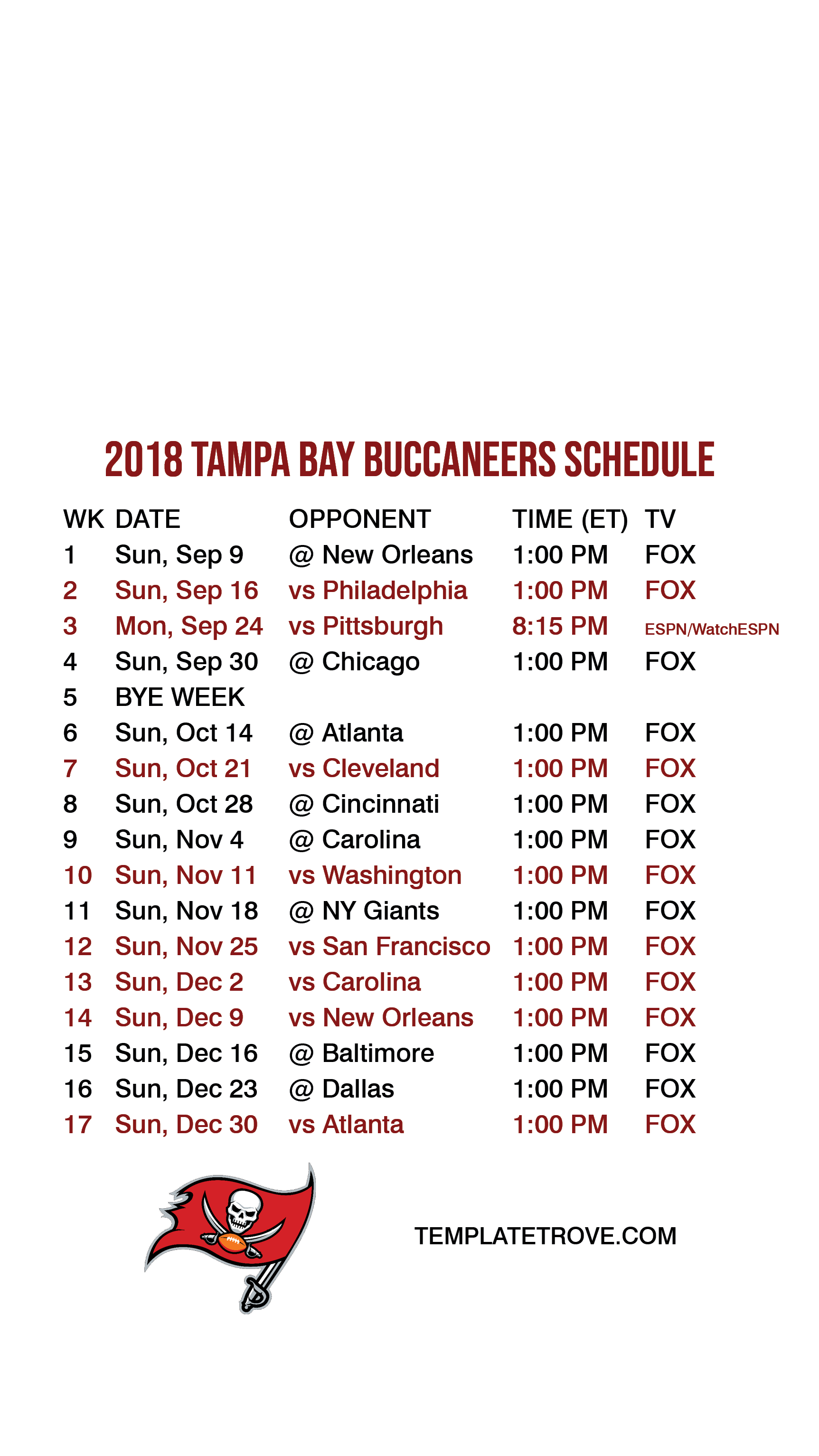 2018-2019 Tampa Bay Buccaneers Lock Screen Schedule For