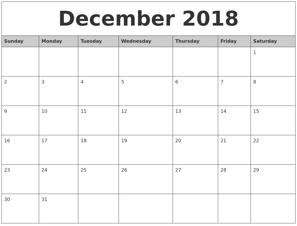 2018 December Simple Calendar | December Calendar, Calendar