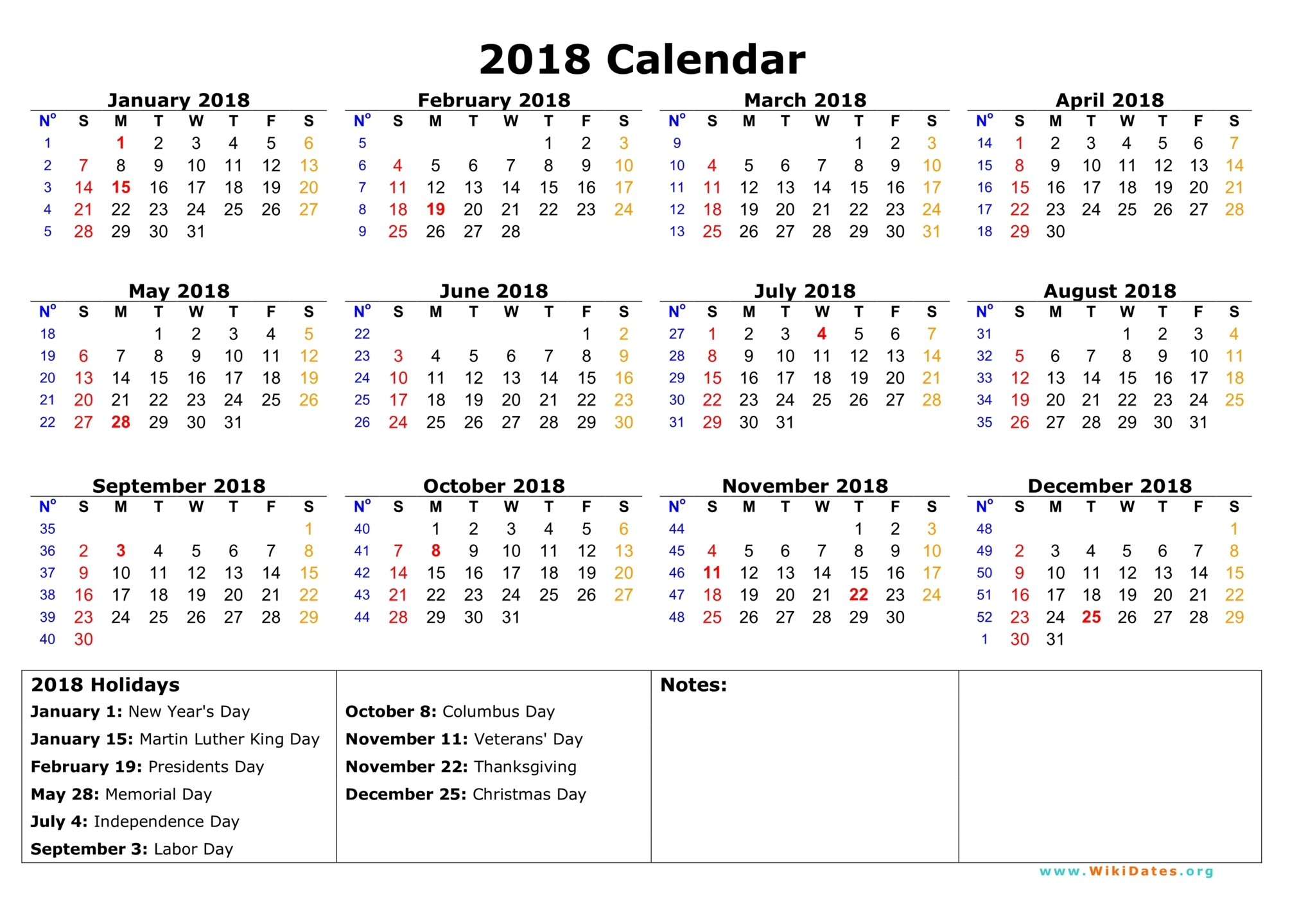 2018 Holiday Calendar - Usa, Federal, Jewish - Web E