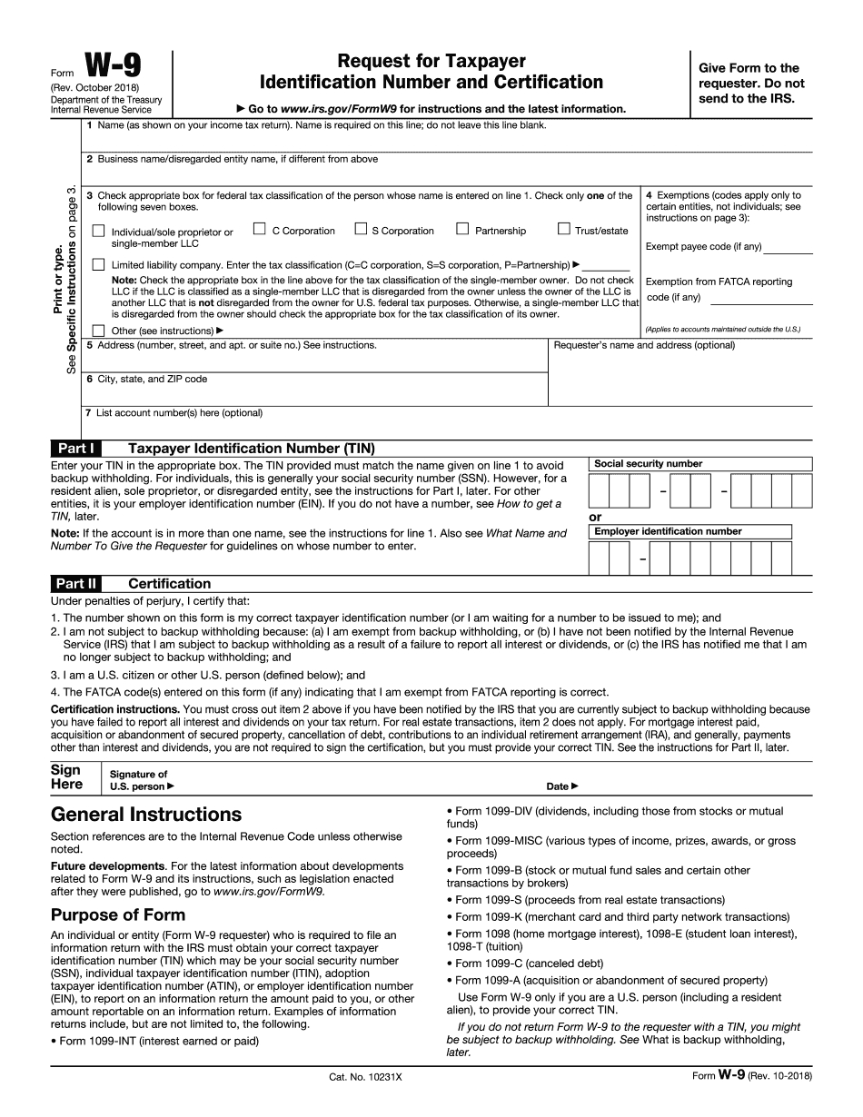 2018 Irs W-9 Form - Free Printable, Fillable | Download