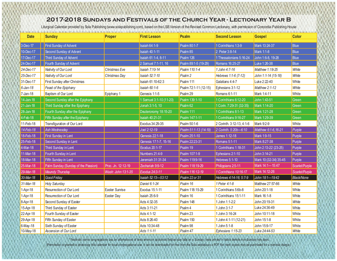 2018 Liturgical Calendar (Year B) K-2018 | Sola Publishing