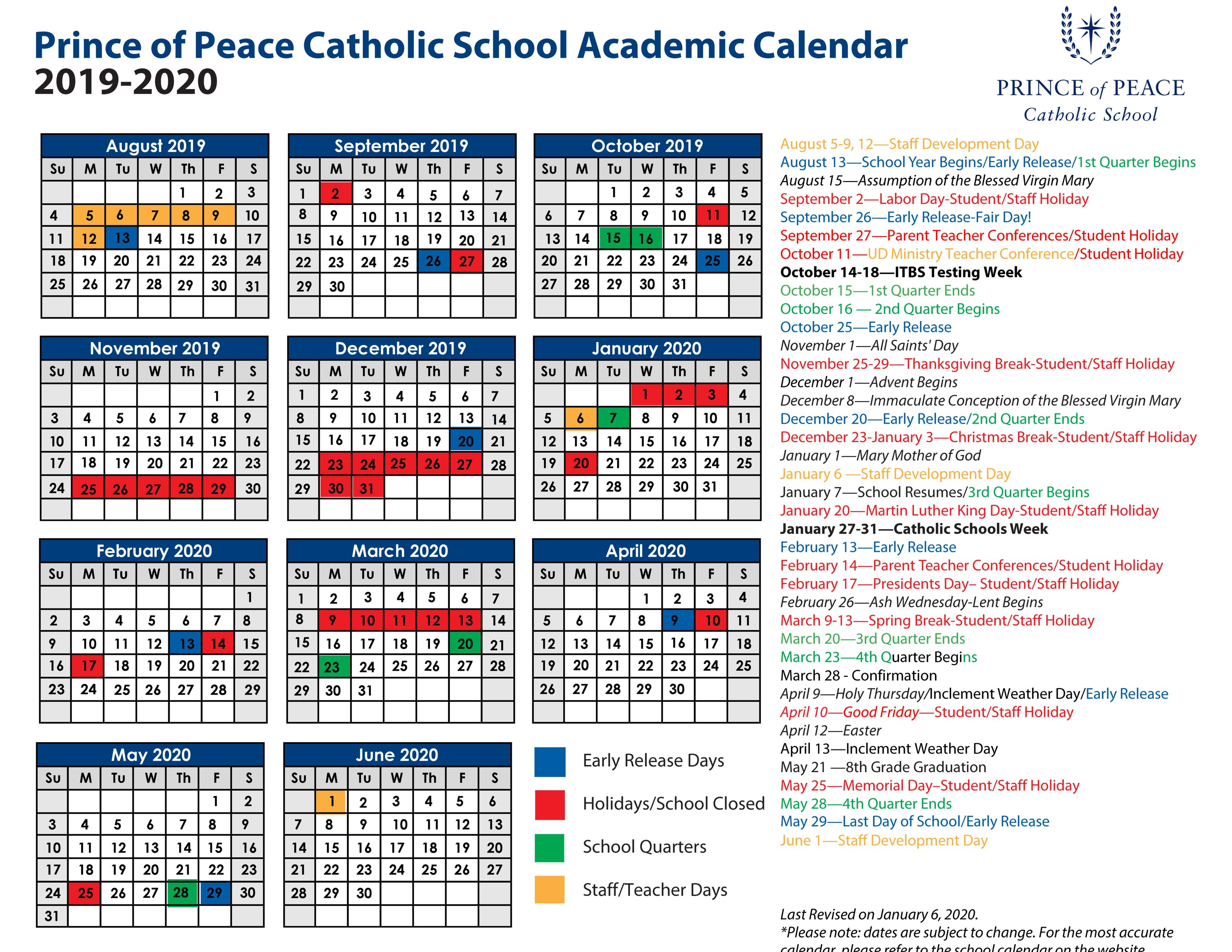 2019 - 2020 Academic Calendar - Prince Of Peace Catholic School