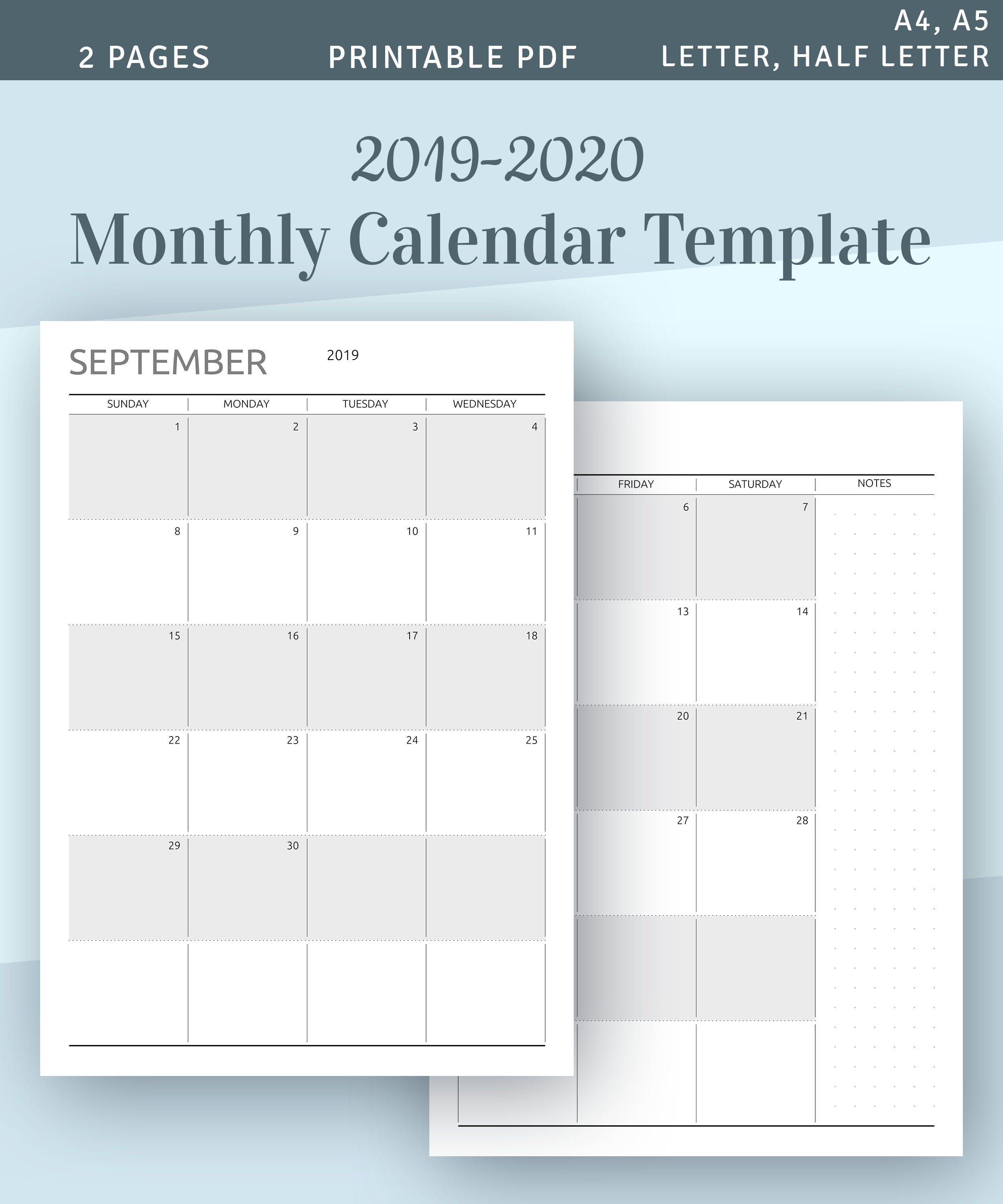 2019 - 2020 Monthly Calendar Printable Template, Download 2019 Calendar  Printable, Two Page Planner Insert Pdf, A4 A5 Letter Size Filofax