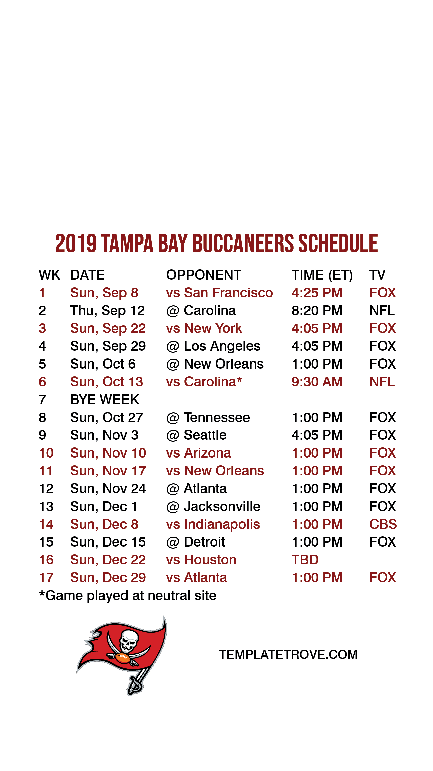 Tampa Bay Buccaneers Printable Schedule 2020 | Example Calendar Printable