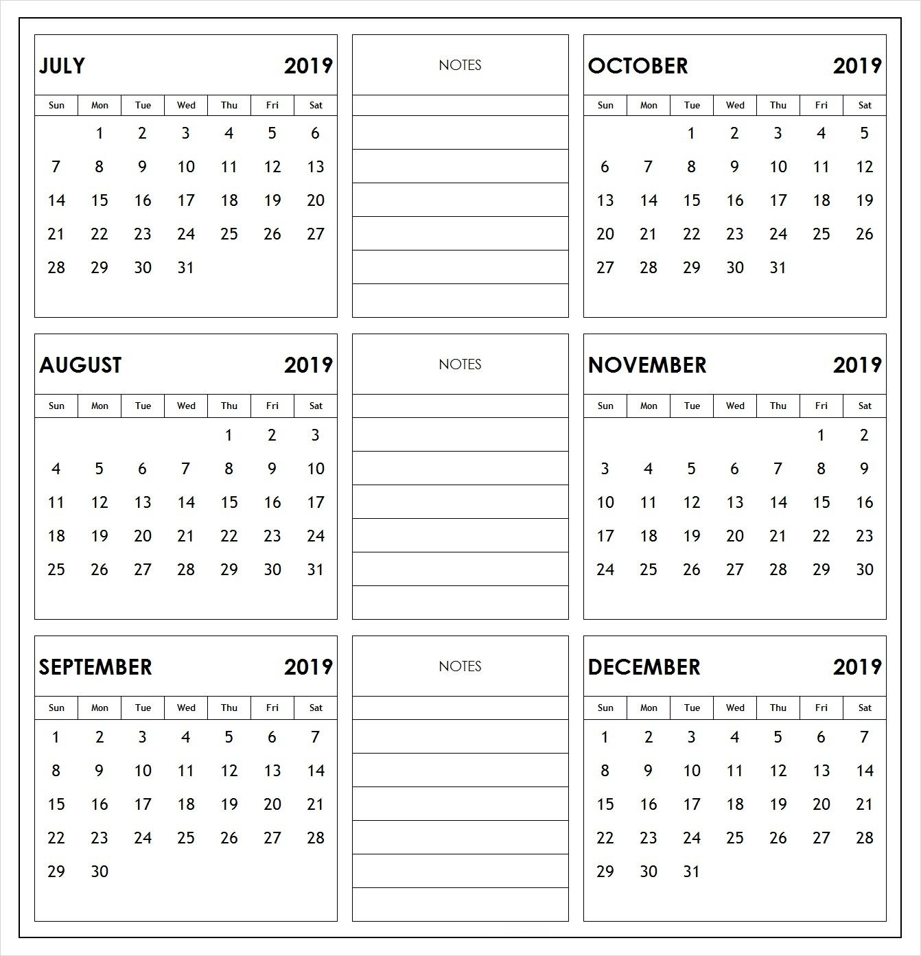 2019 6 Months Half Year Calendar Printable Download