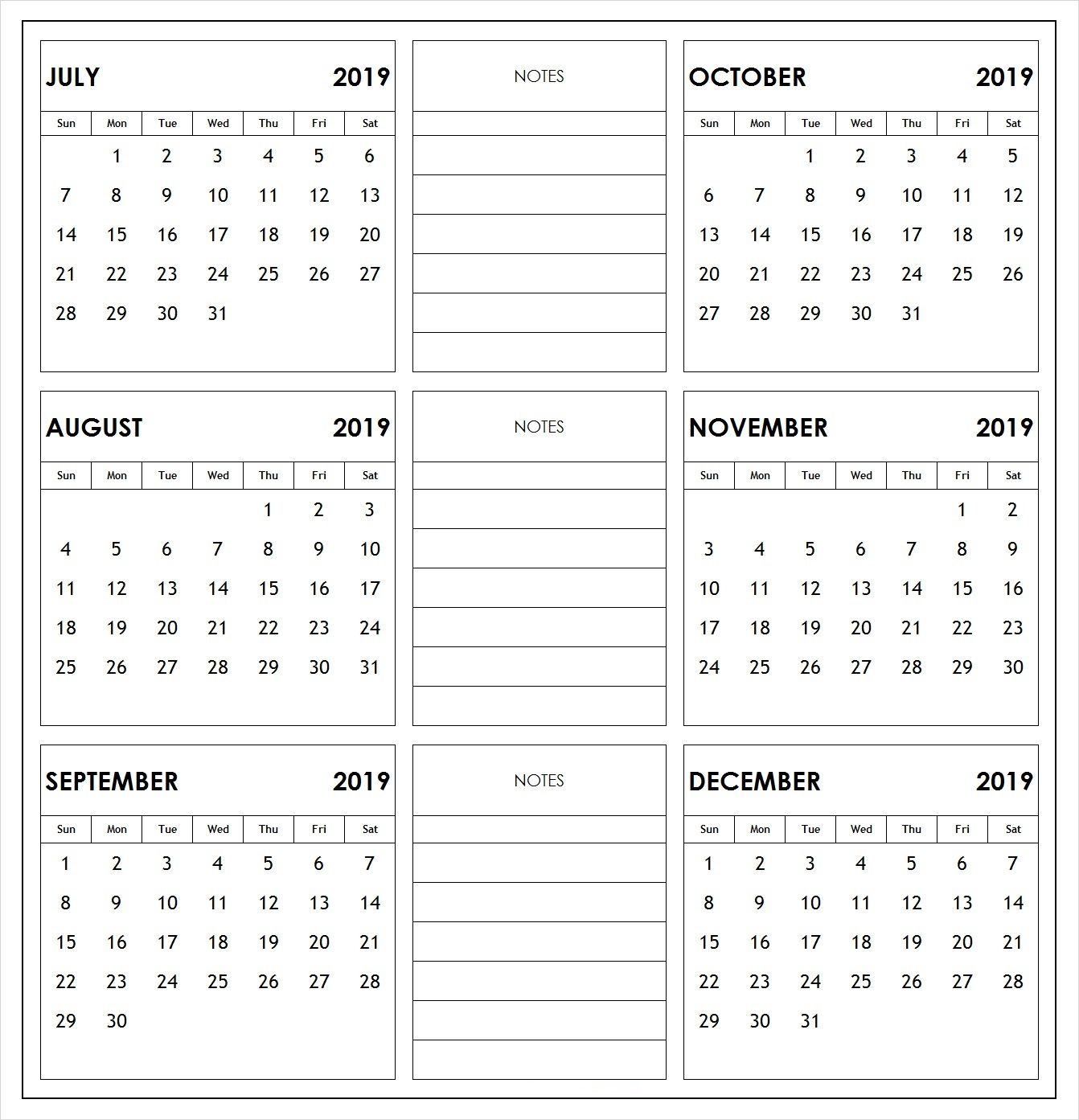 Printable July To Dec 2019 6 Month Calendar