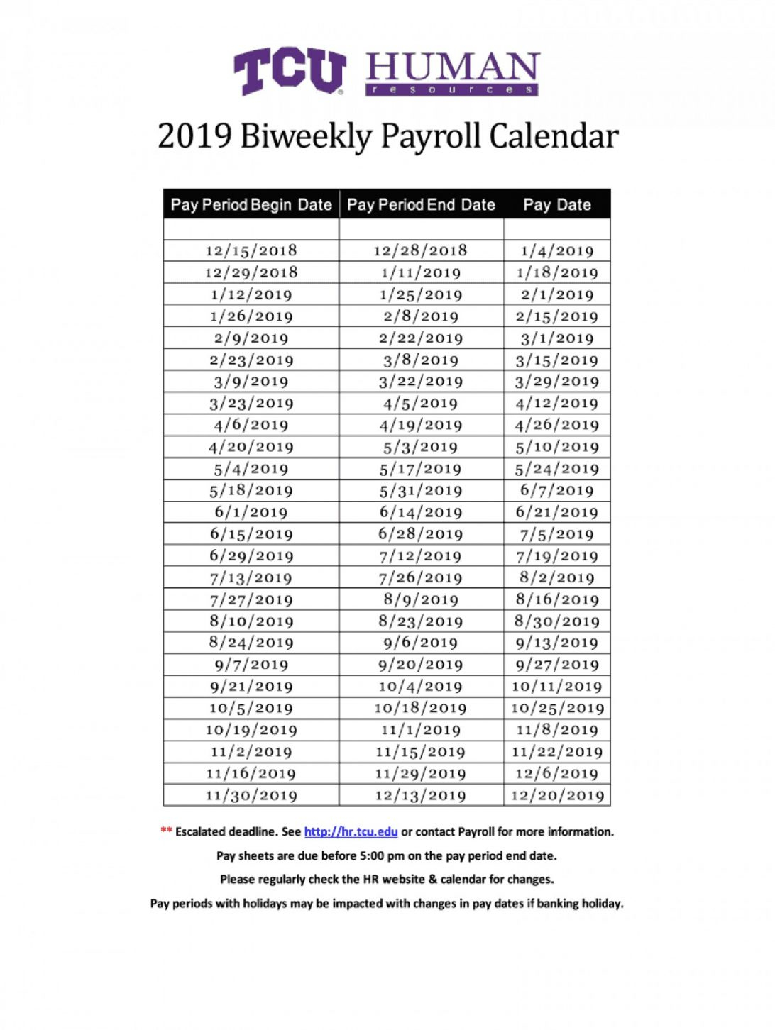 2019 Biweekly Payroll Calendar Template Federal Word Canada