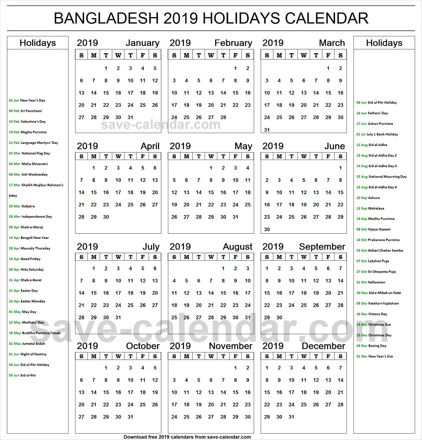 2019 Calendar Holidays Bangladesh Printable | 2019 Calendar