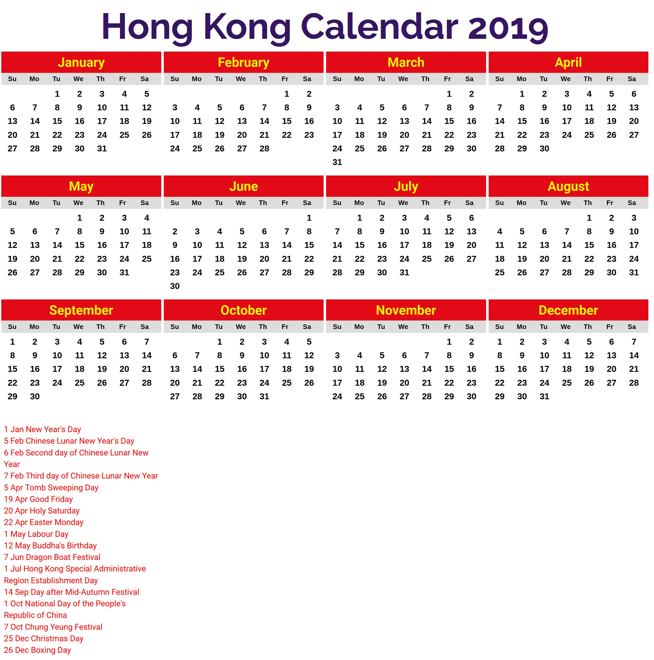 2019 Calendar With Holidays Printable | Calendar Shelter