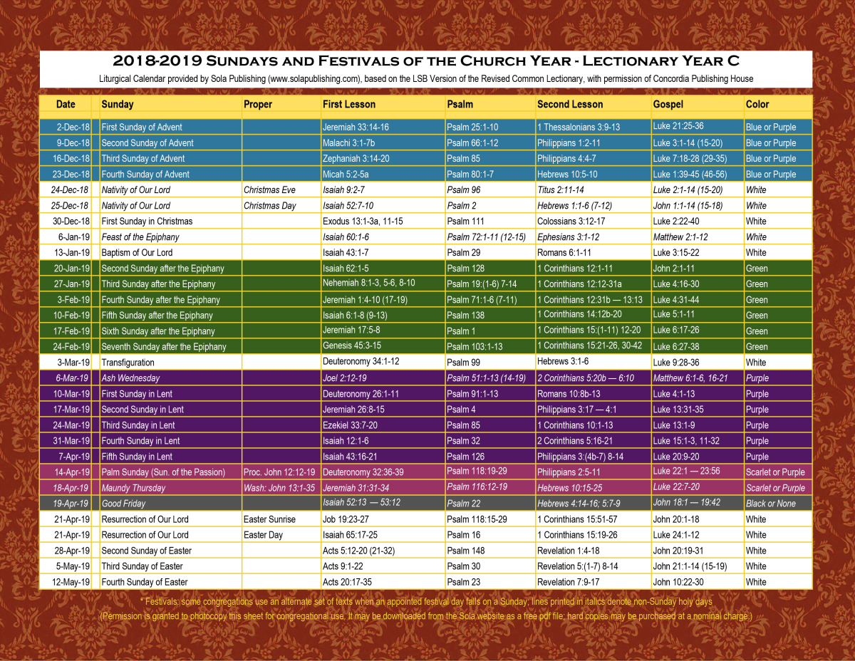 2019 Liturgical Calendar (Year C) K-2019 | Sola Publishing