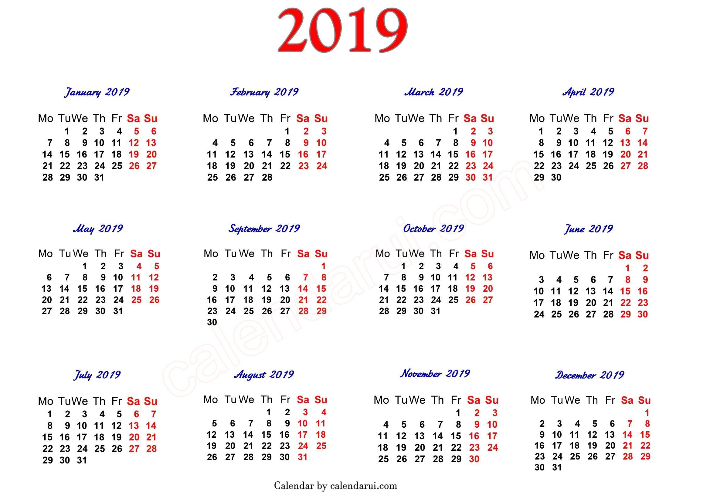 2019 Printable Calendar One Page | 2019 Calendar | 2019