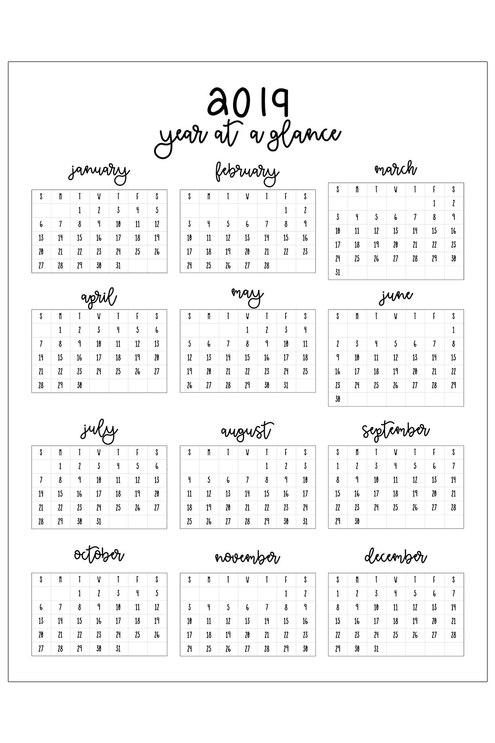 2019 Printable Calendar