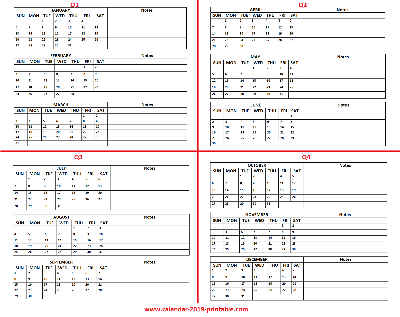 2019 Quarterly Calendar | Quarterly Calendar, 2019 Calendar