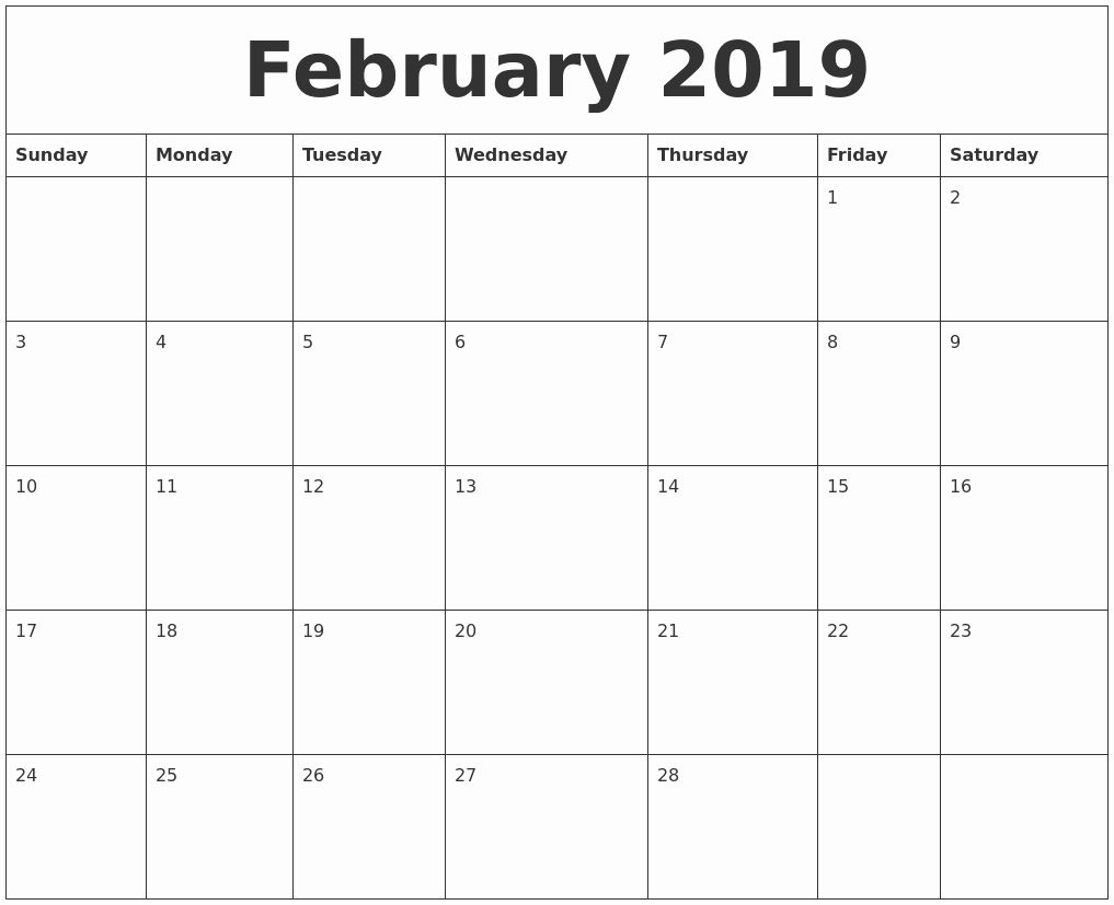 2019 Uk February Template Monthly Printable::february 2019