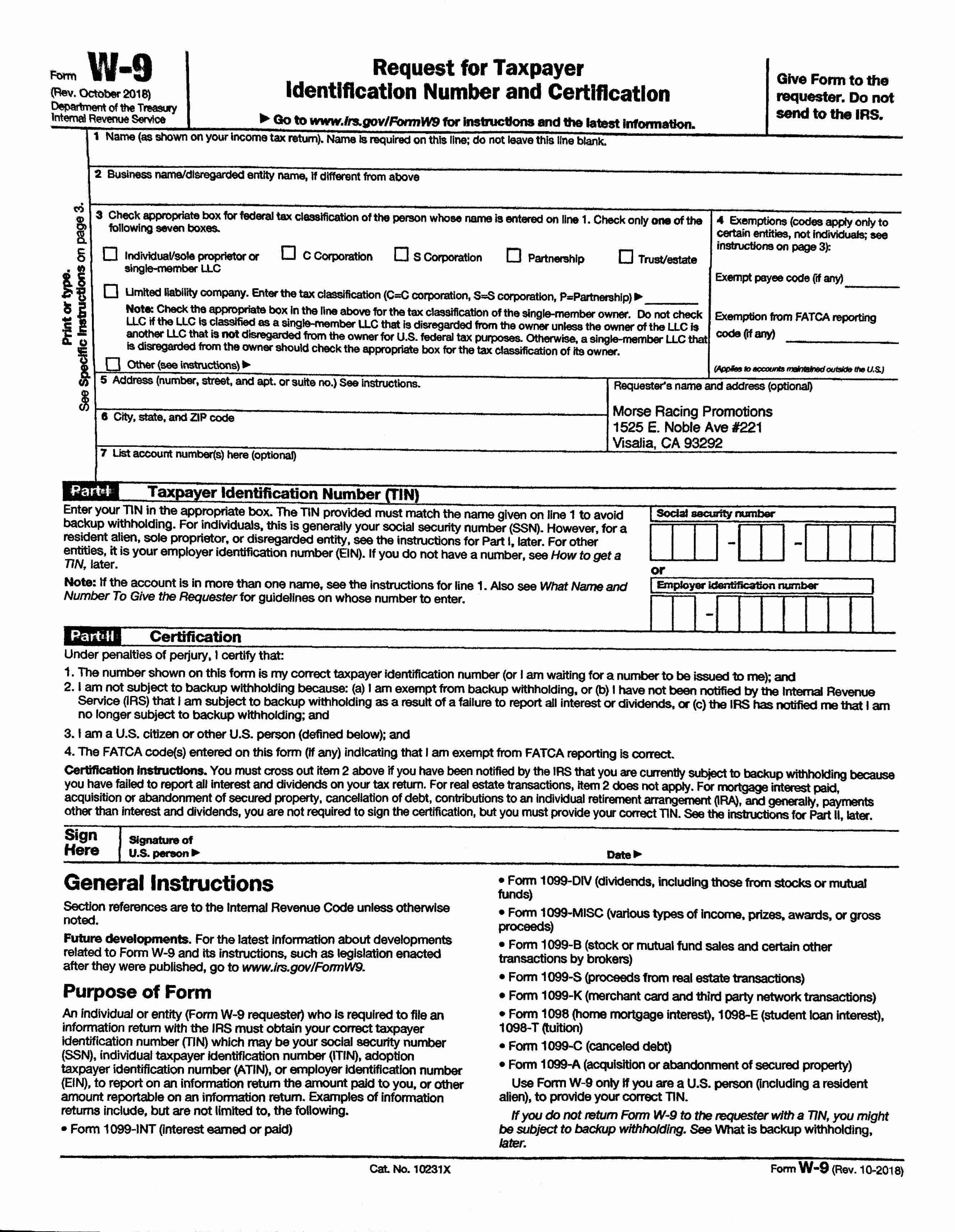 2019 W9 Form – Keller Auto Speedway