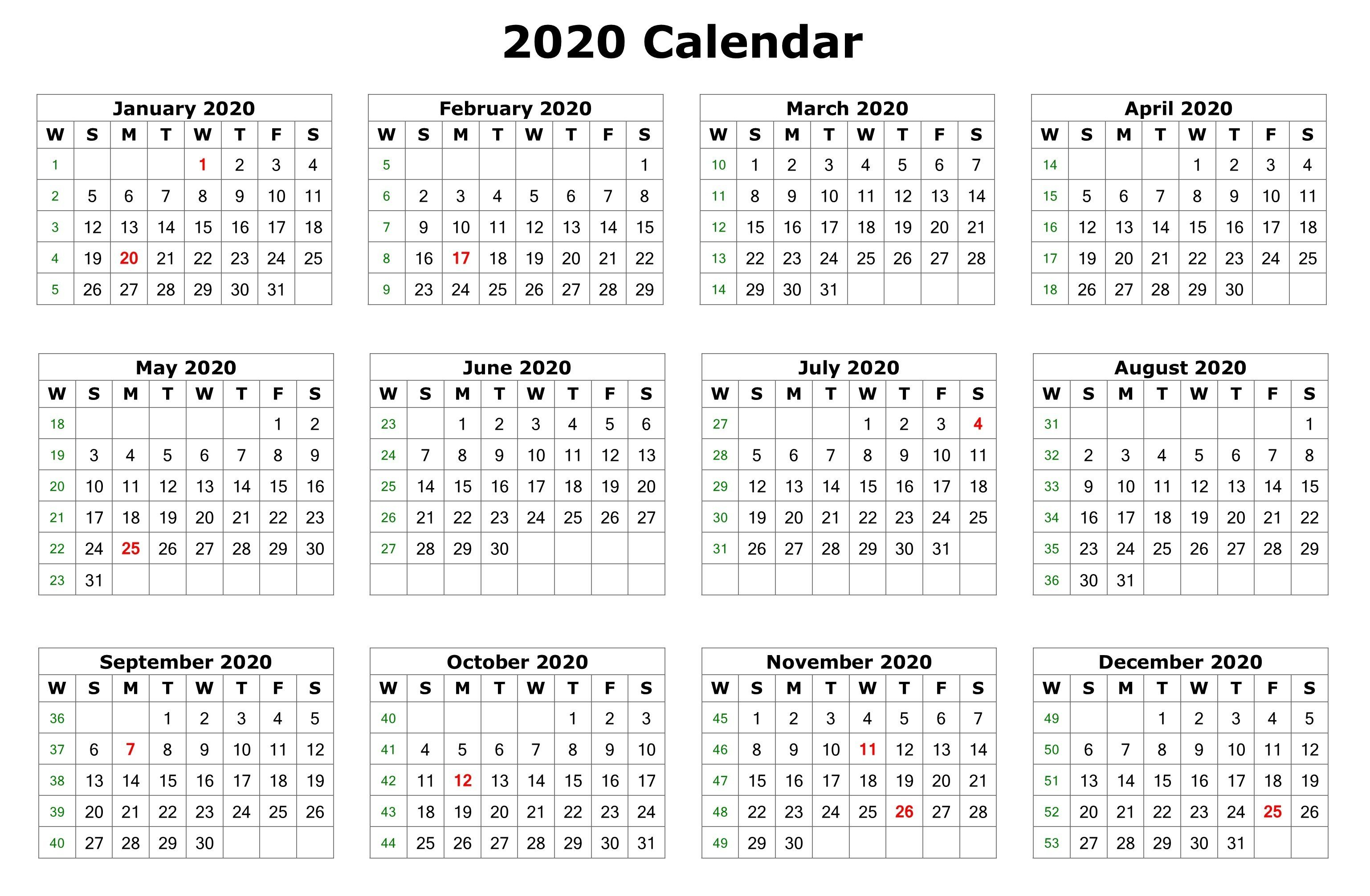 2020 12 Month Single File Calendar Printable Free