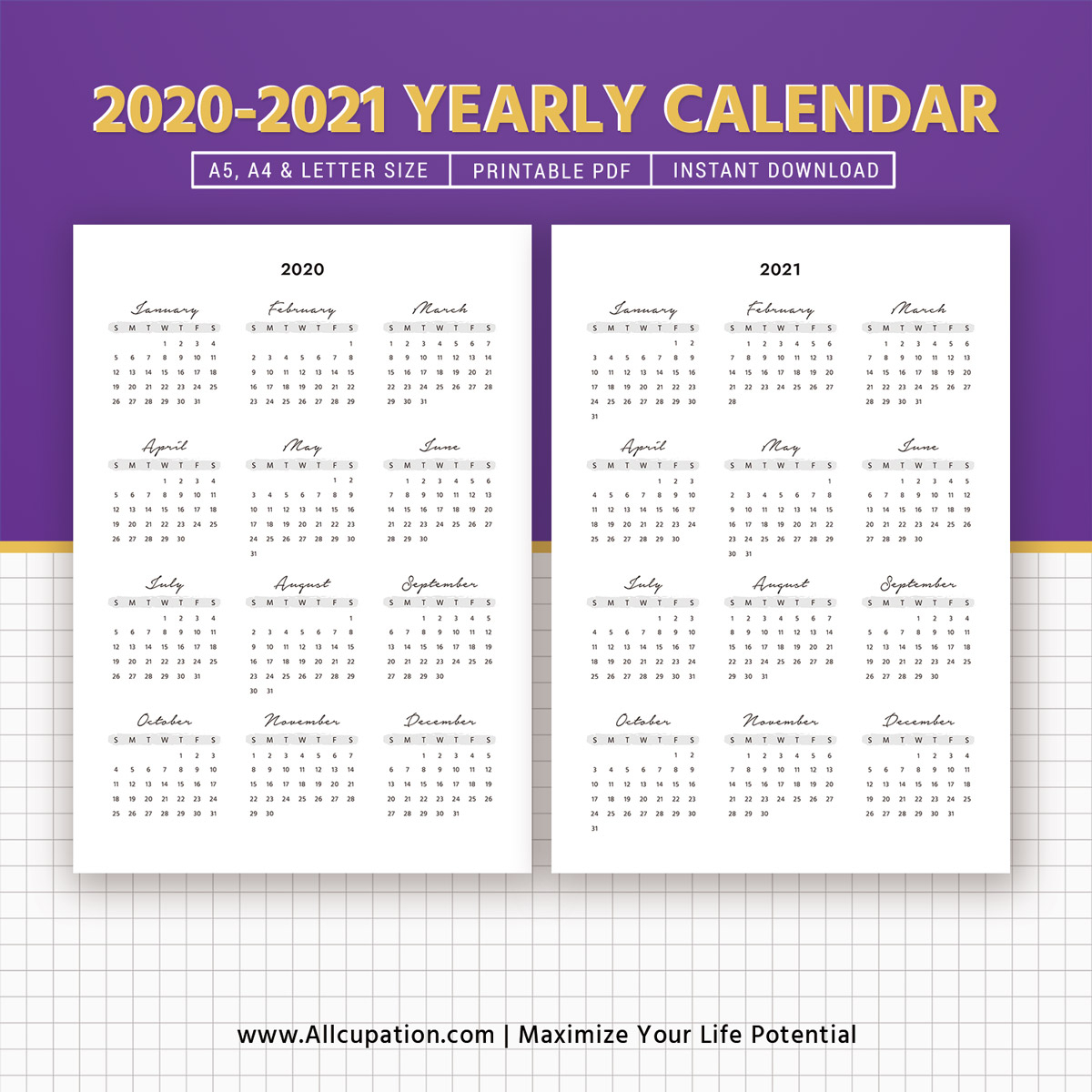 2020-2021 Yearly Calendar, Year At A Glance, Printable Calendar, Best  Planner, Planner Printable, Planner Inserts, Planner Template, Filofax A5,  A4,