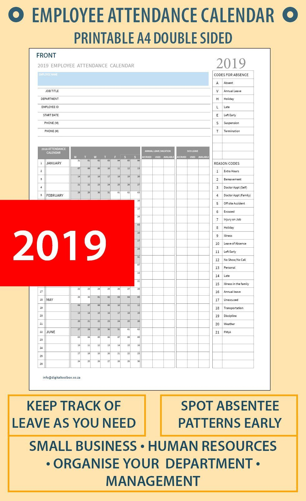 2020 A4 Printable Employee Attendance Calendar/tracker For