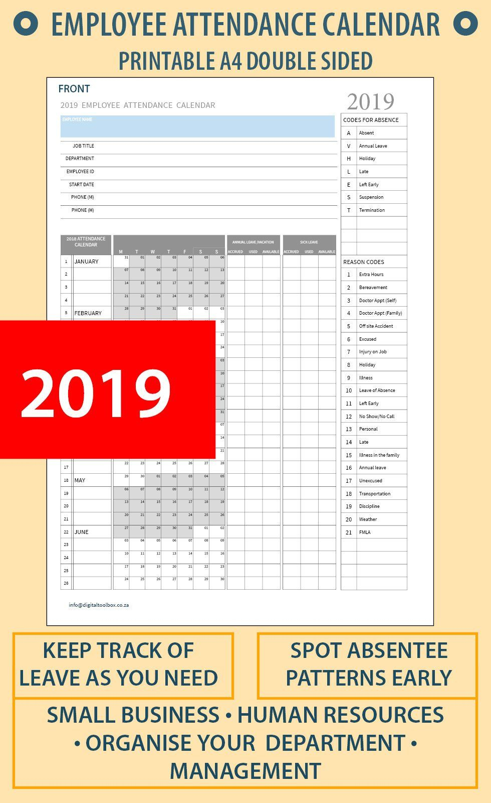 Printable Employee Attendance Calendar 2020 | Example ...