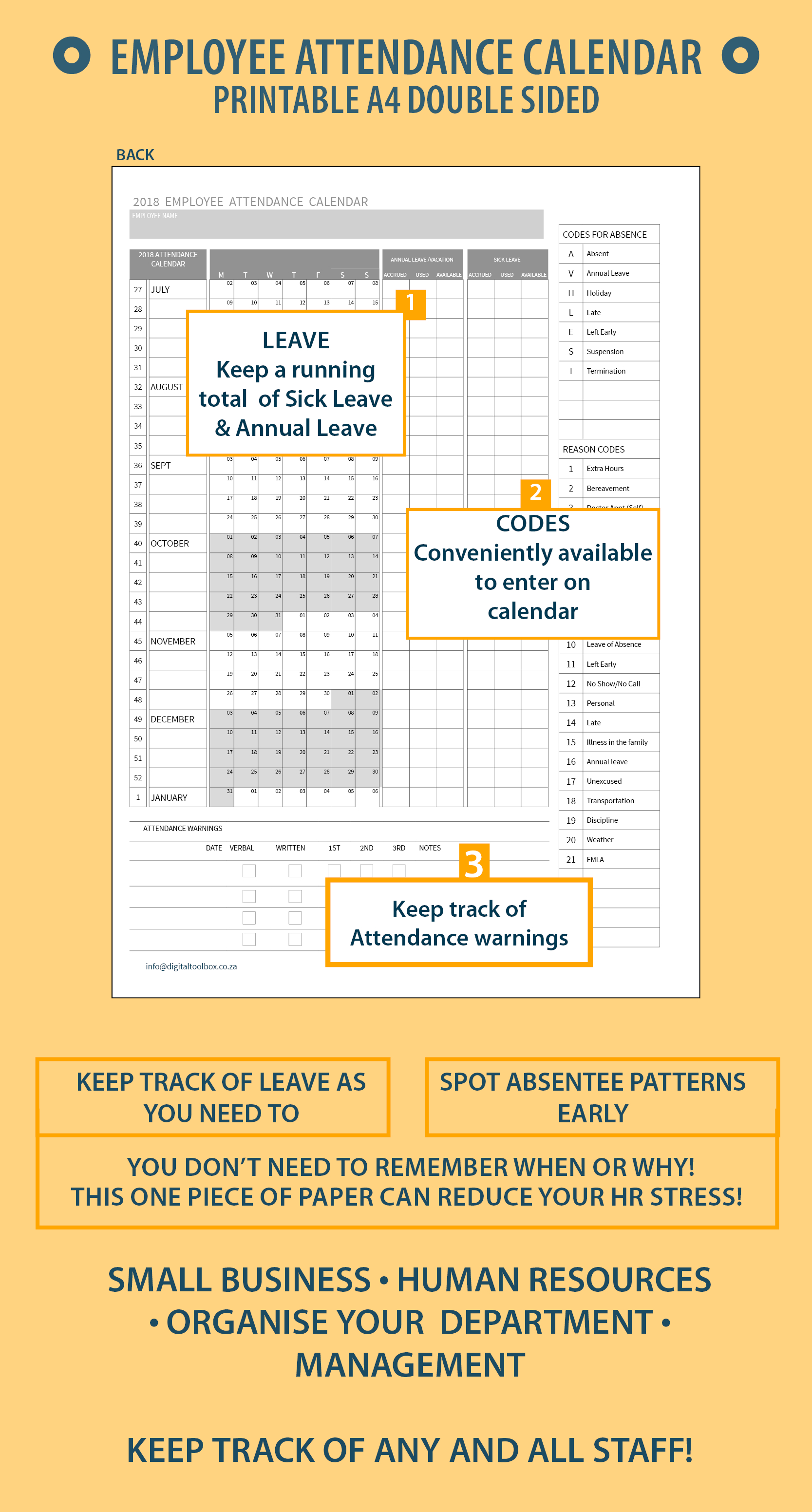 2020 A4 Printable Employee Attendance Calendar/tracker For
