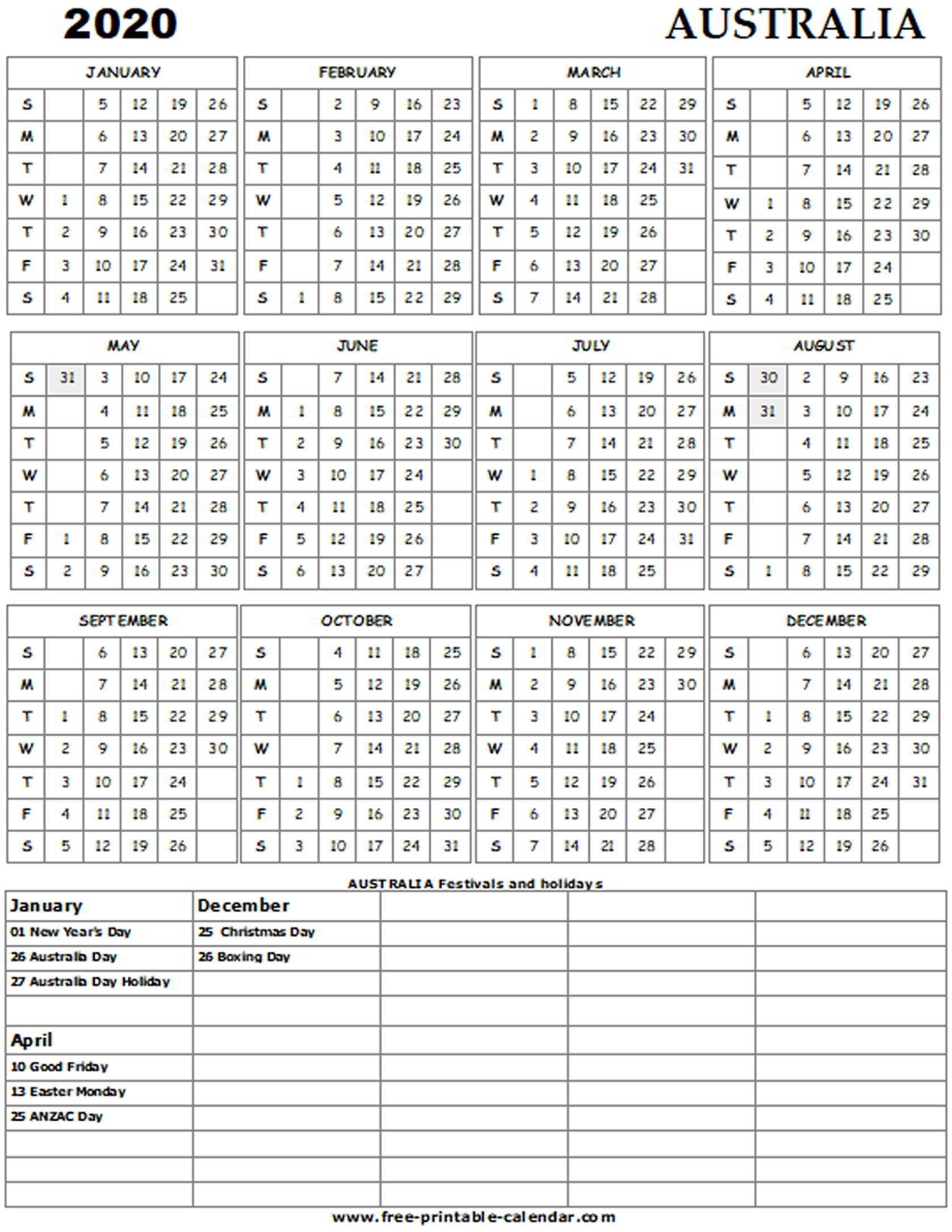 2020 Australia Holiday Calendar – Free-Printable-Calendar